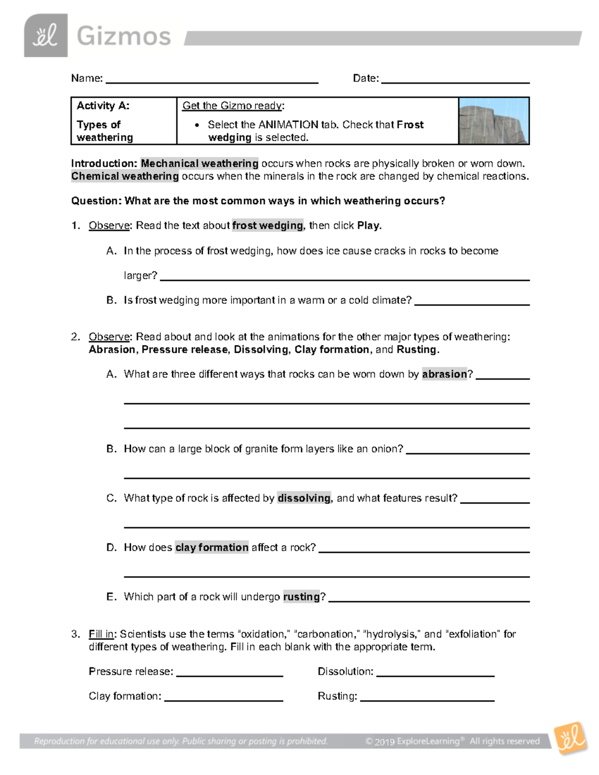 Student Weathering SE - Bv Ssascda - Name: Date: Activity A: Types Of ...