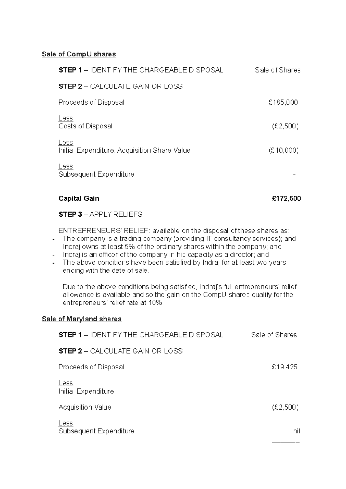 Sample - CGT Calculation - Sale Of CompU Shares STEP 1 – IDENTIFY THE ...