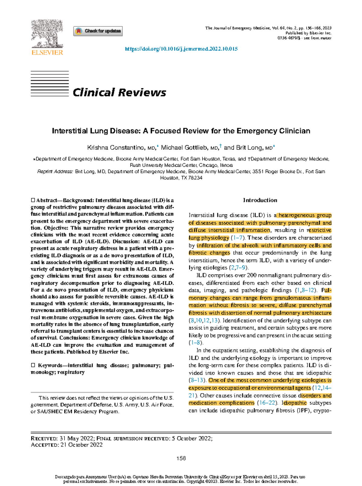 Interstitial Lung Disease A Focused Review for the Emergency Clinician ...