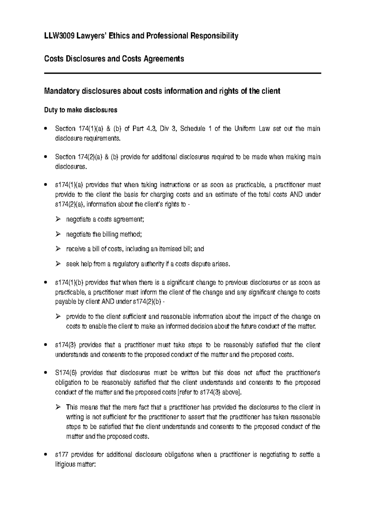 Costs Disclosures and Costs Agreements LLW3009 Lawyers’ Ethics and