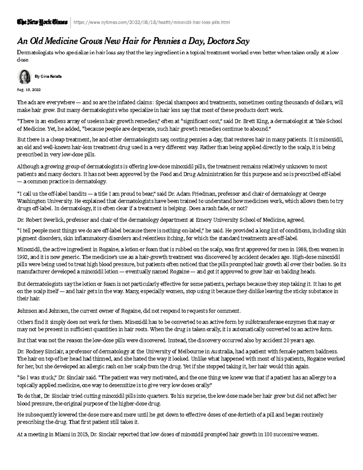 An Old Medicine Remedies Hair Loss for Pennies a Day, Doctors Say The New York Times Studocu