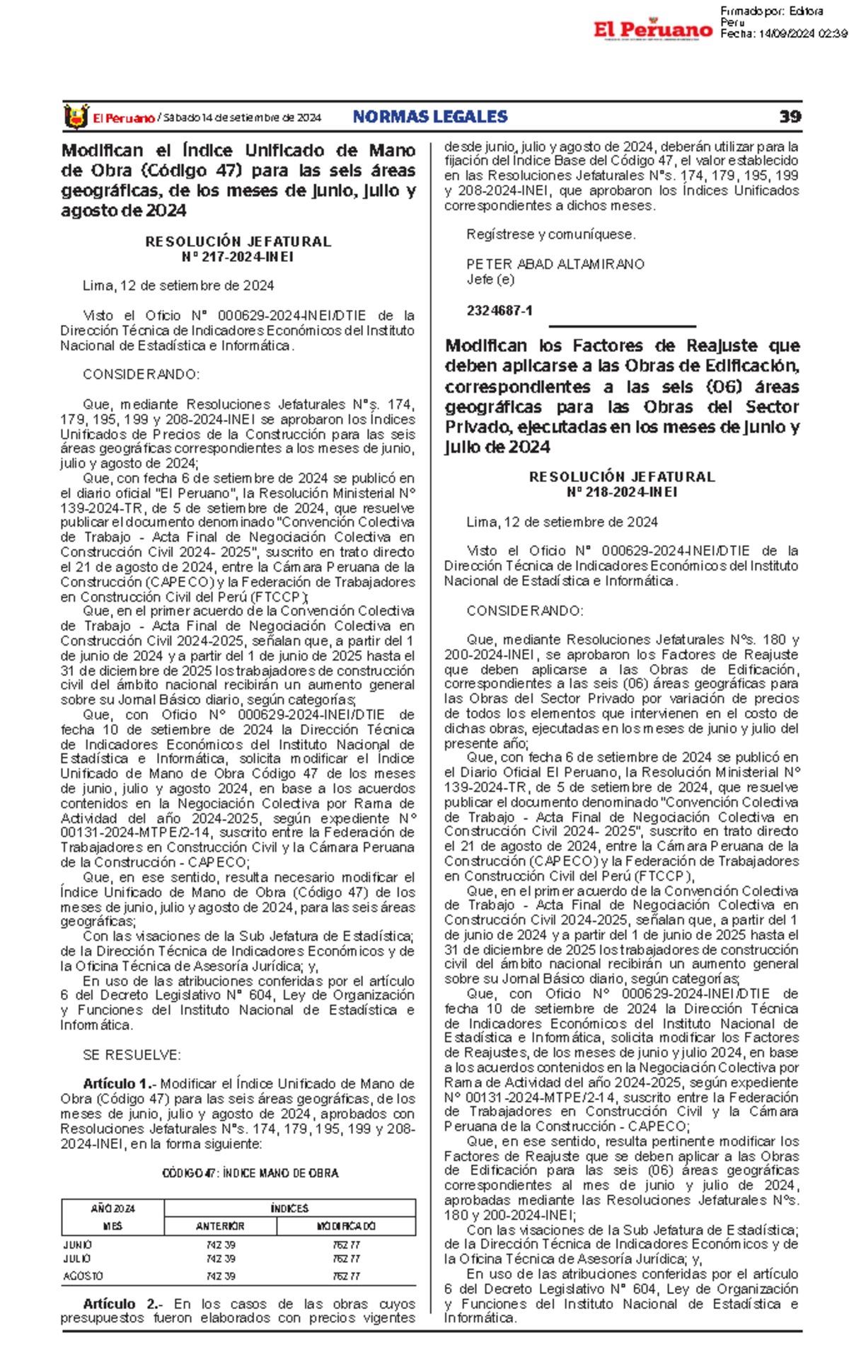 MIU - Agosto 2024 - modificación indices unificados - El Peruano ...