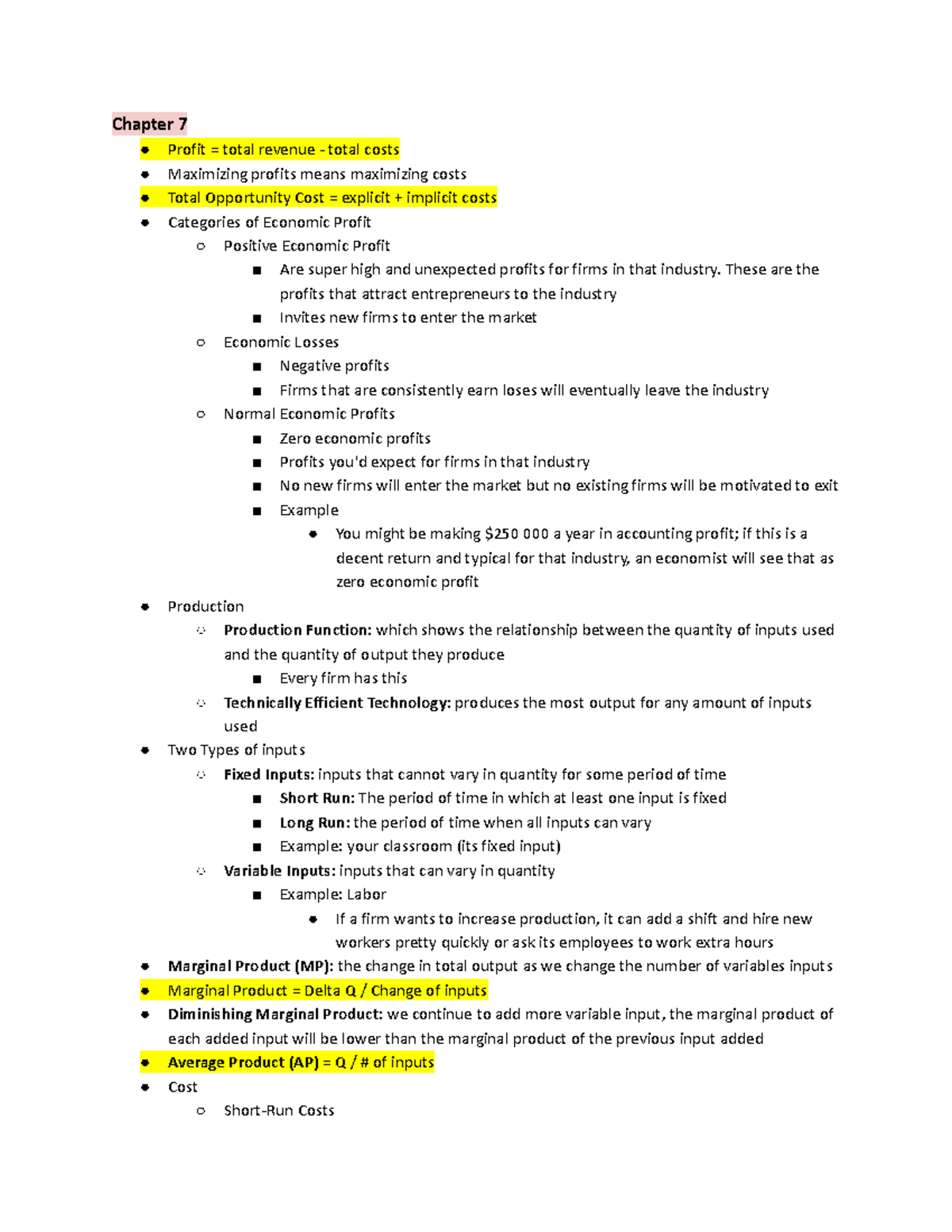 Econ Chapter 7-8 - Chapter 7 Profit = total revenue - total costs ...