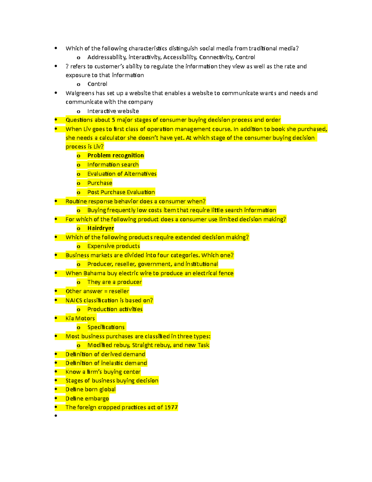 Test Questions Marketing BCOR240 Studocu