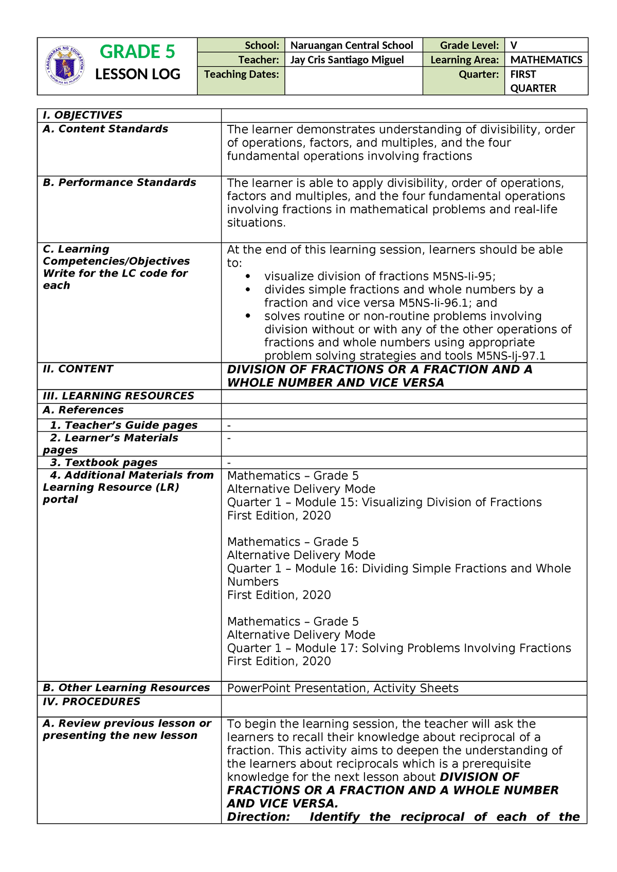 Mathematics 5 - Division OF Fractions - GRADE 5 LESSON LOG School ...