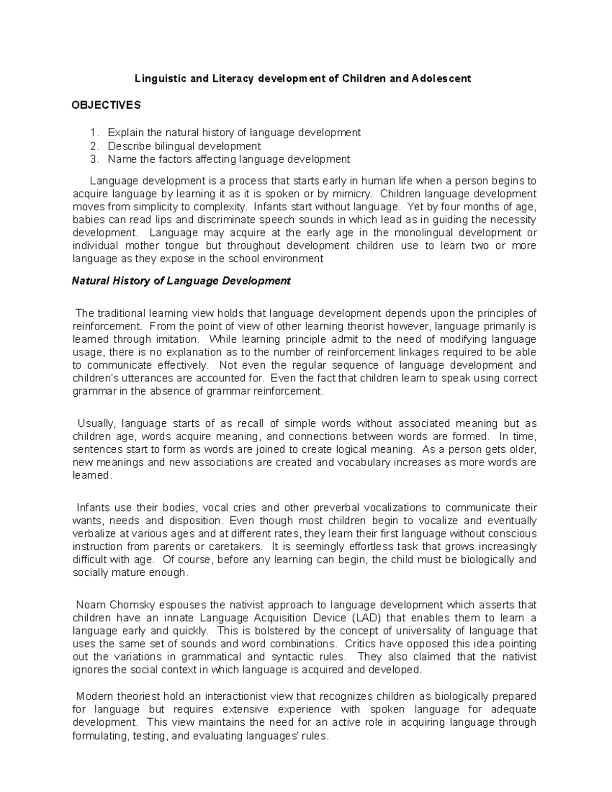 Linguistic and Literacy development of Children and Adolescent ...