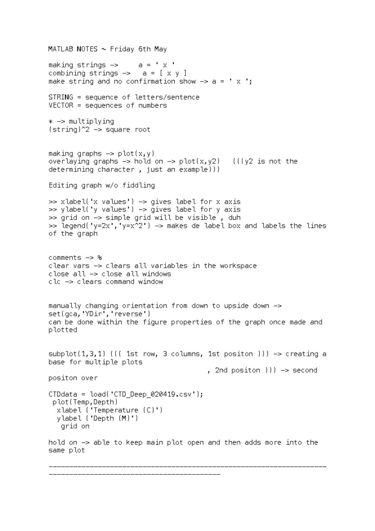 Matlab Notes mbio123 - MATLAB NOTES ~ Friday 6th May making strings ...