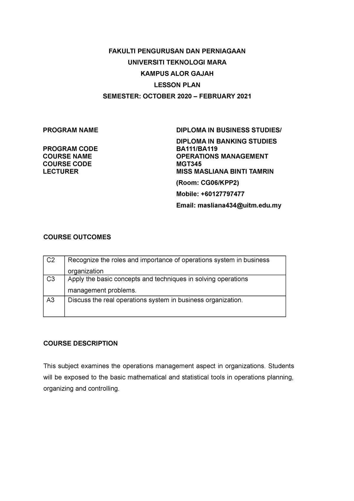 Lesson PLAN-MGT345 October 2020 - FAKULTI PENGURUSAN DAN PERNIAGAAN ...