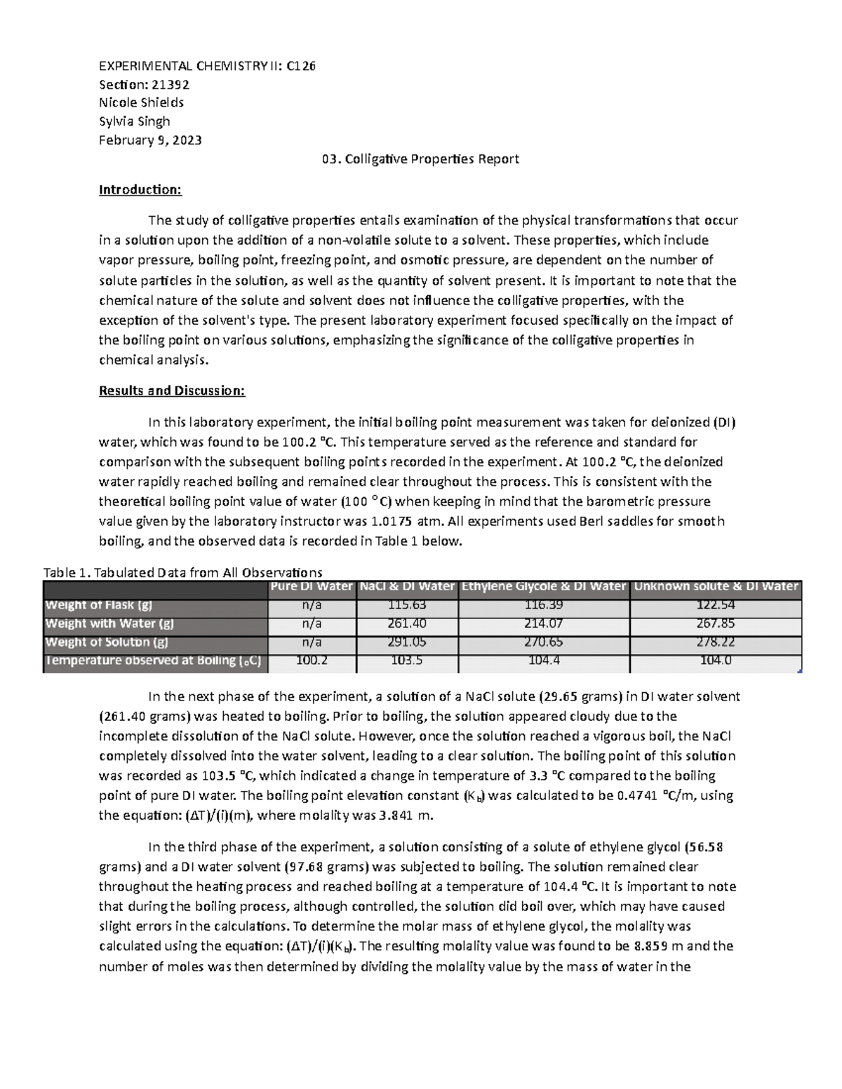 C126 - Colligative Properties Report Shields - EXPERIMENTAL CHEMISTRY ...