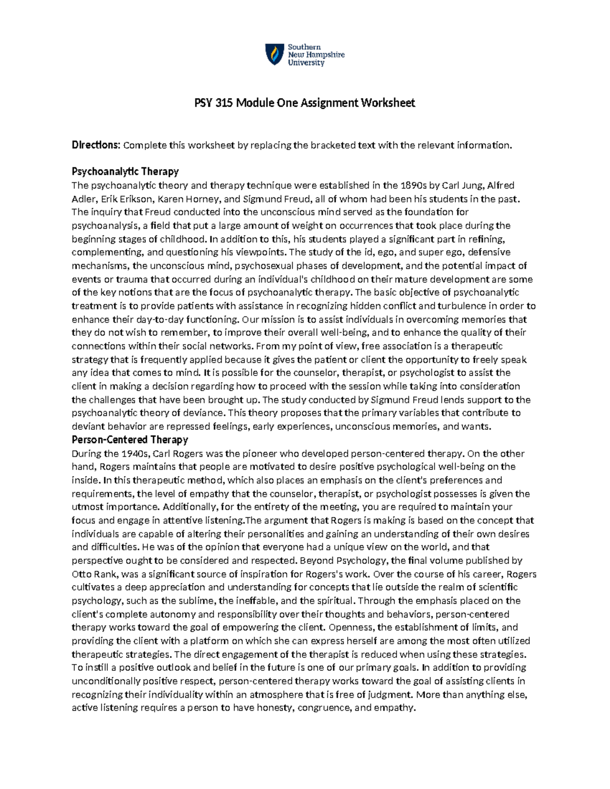 PSY 315 Module One Assignment Worksheet - PSY 315 Module One Assignment ...