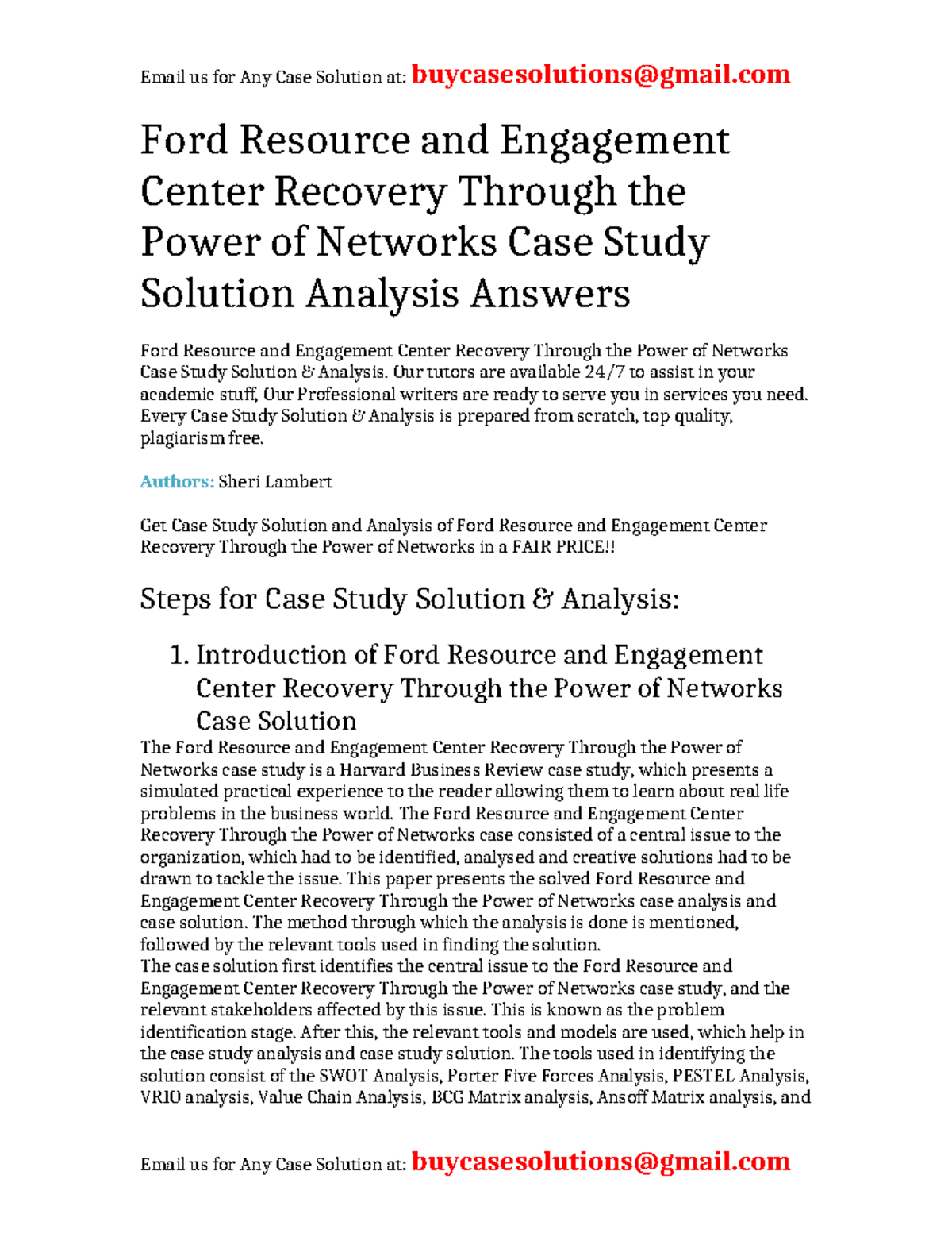 Case Solution Ford Resource and Engagement Center Recovery Through the ...