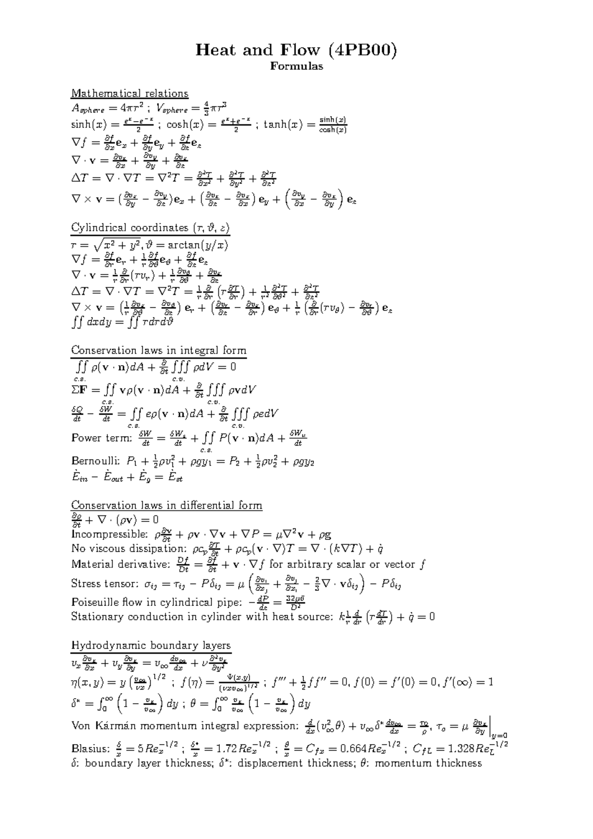 Formulas Heat and Flow - Heat and Flow (4PB00) Formulas Mathematical ...