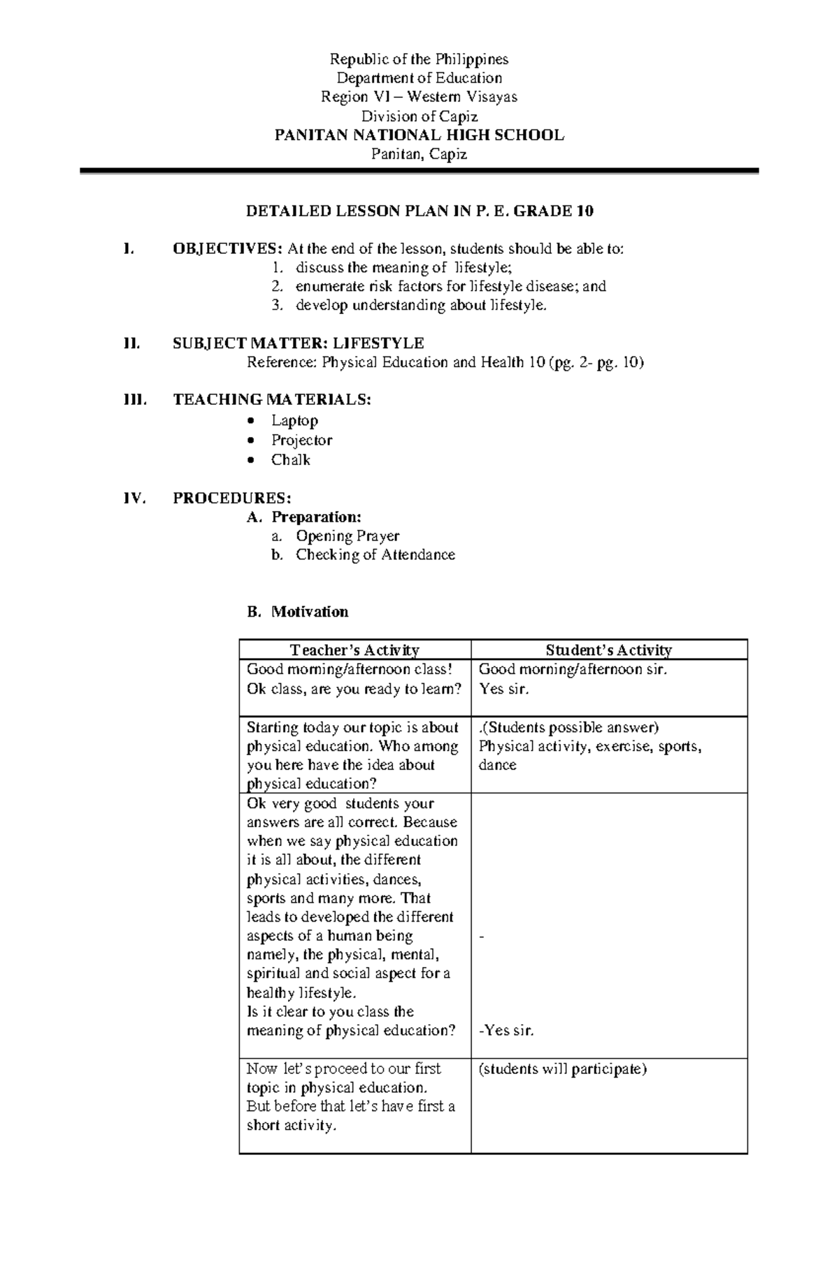 Lesson plan in p e grade 10 lifestyle 1 - Republic of the Philippines ...