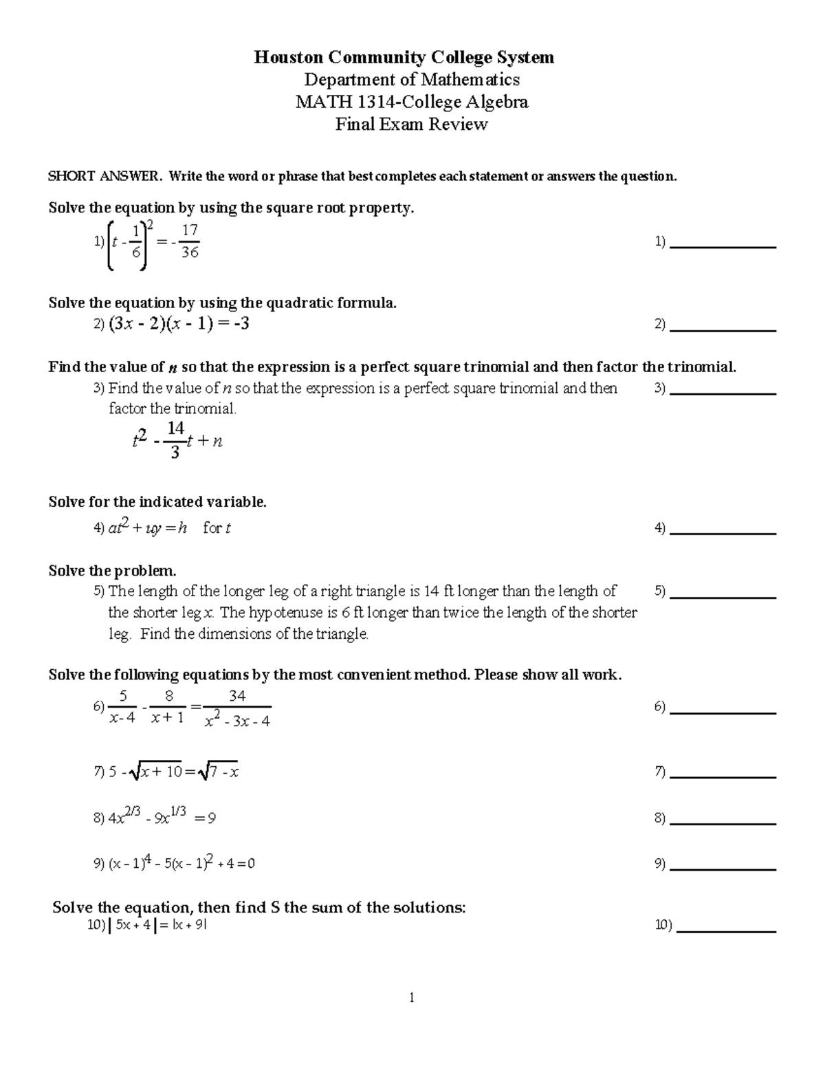 Math Review Final Exam Practice - Department Of Mathematics MATH - Studocu