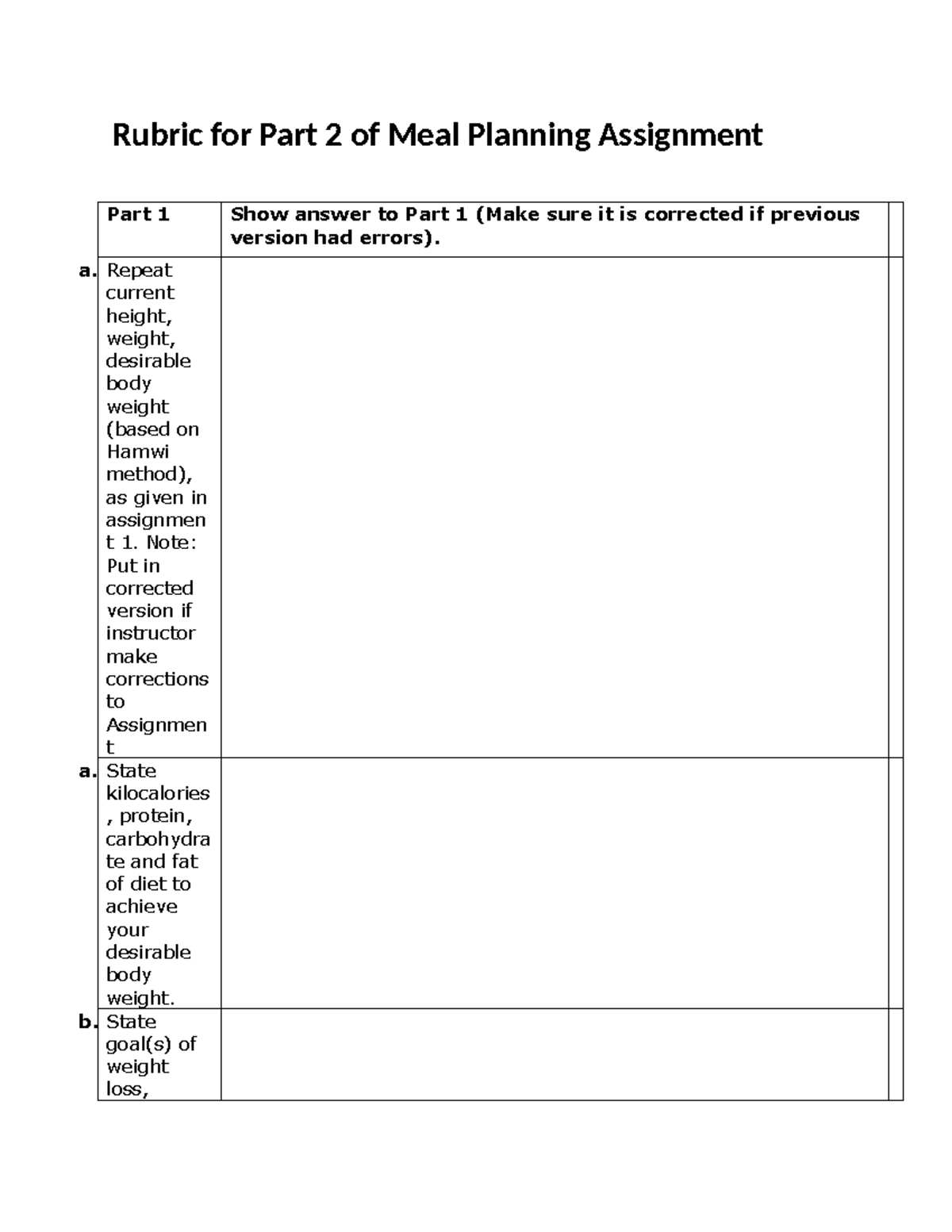 Rubric for Part 2 of Meal Planning Assignment - Rubric for Part 2 of ...