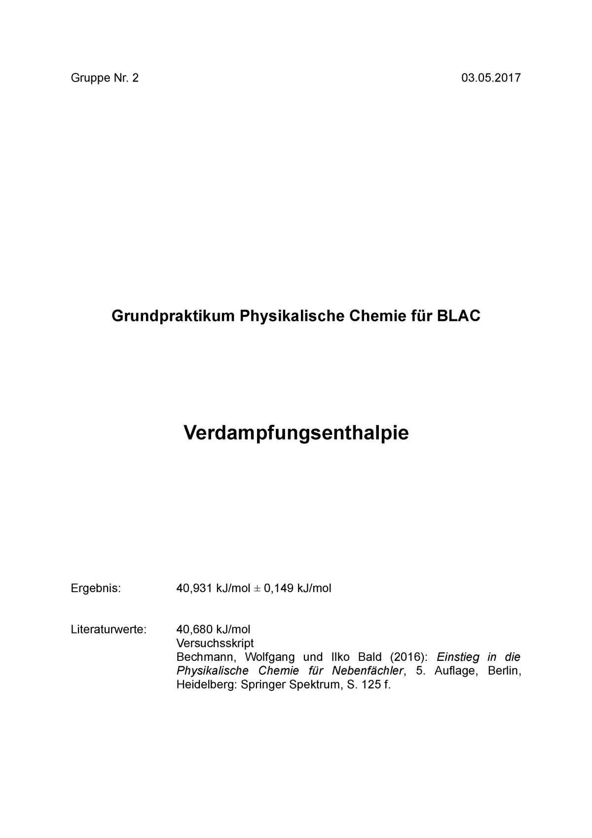 Protokoll Zur Verdampfungsenthalpie Physikalische Chemie Studocu