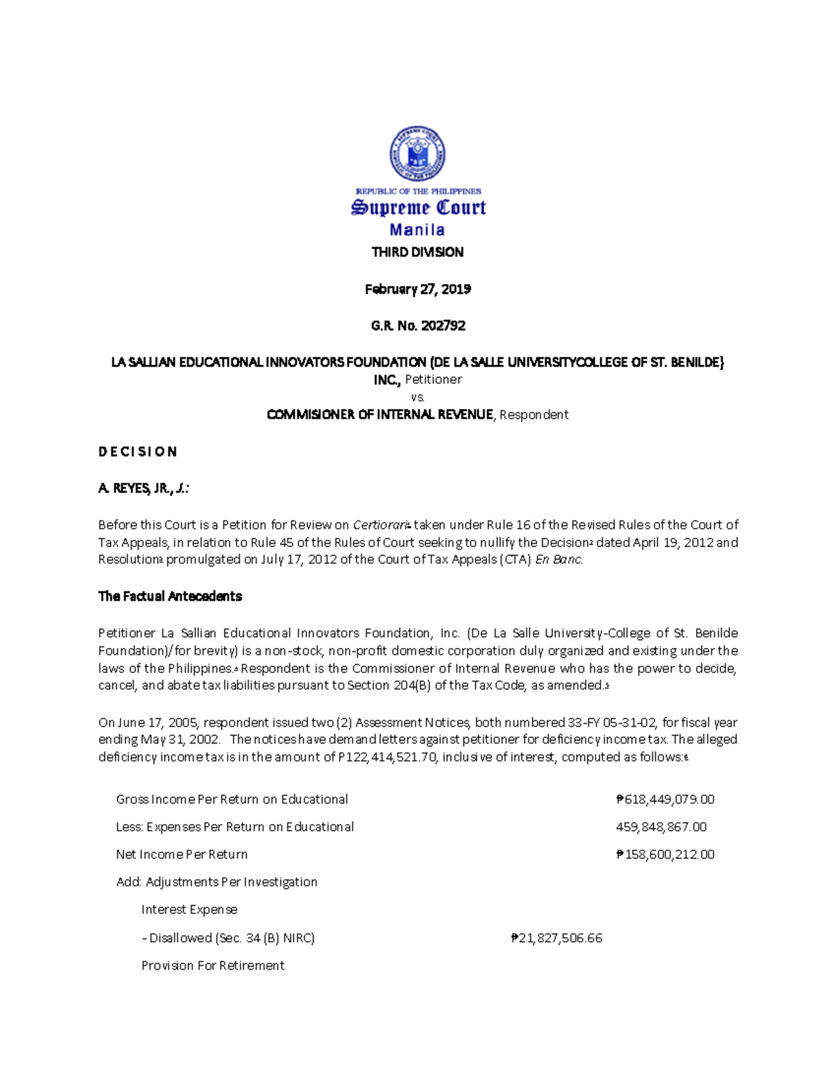 1. DLSU St. Benilde vs. CIR THIRD DIVISION February 27, 2019 G. No