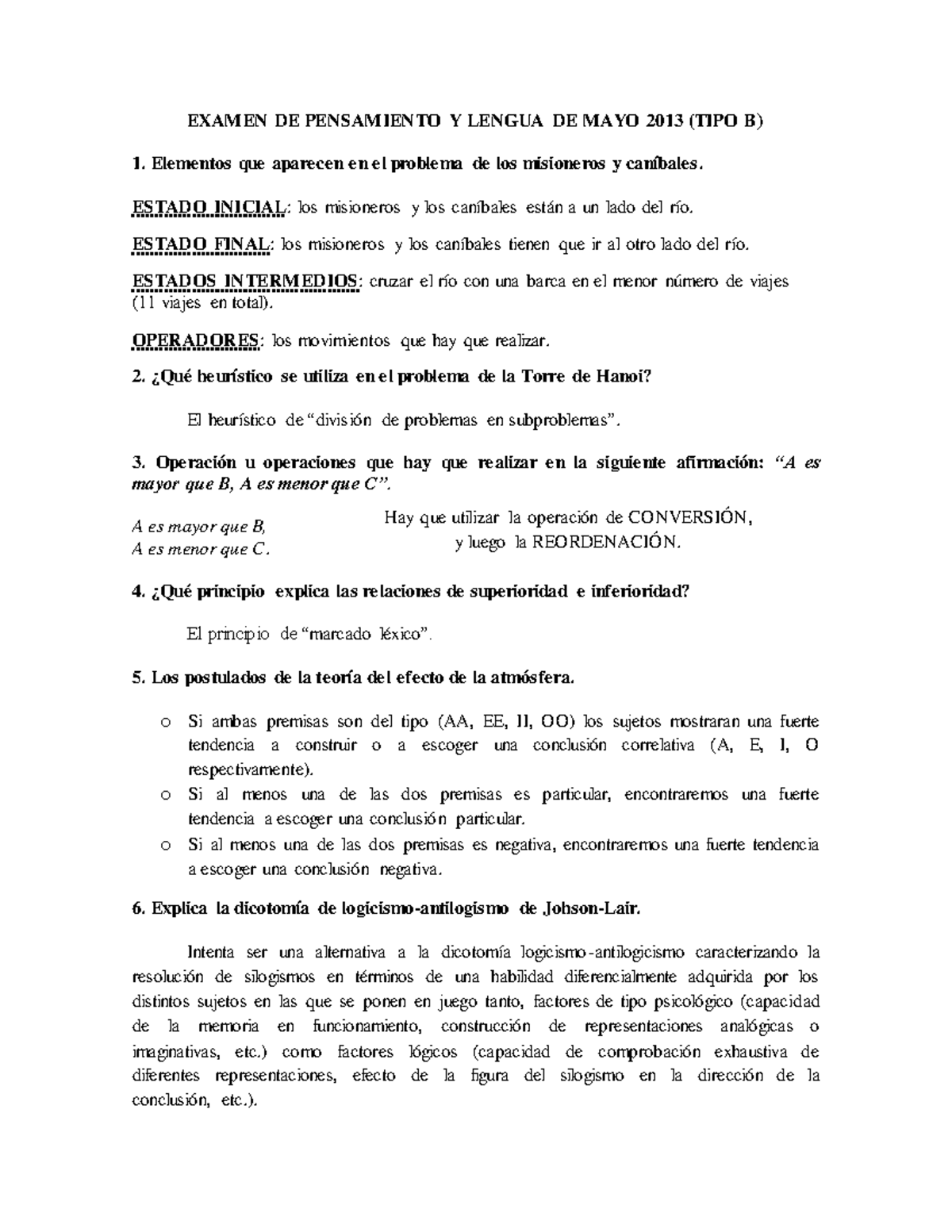 Examen De Psicología Del Pensamiento Y Lenguaje Tipo B - EXAMEN DE ...