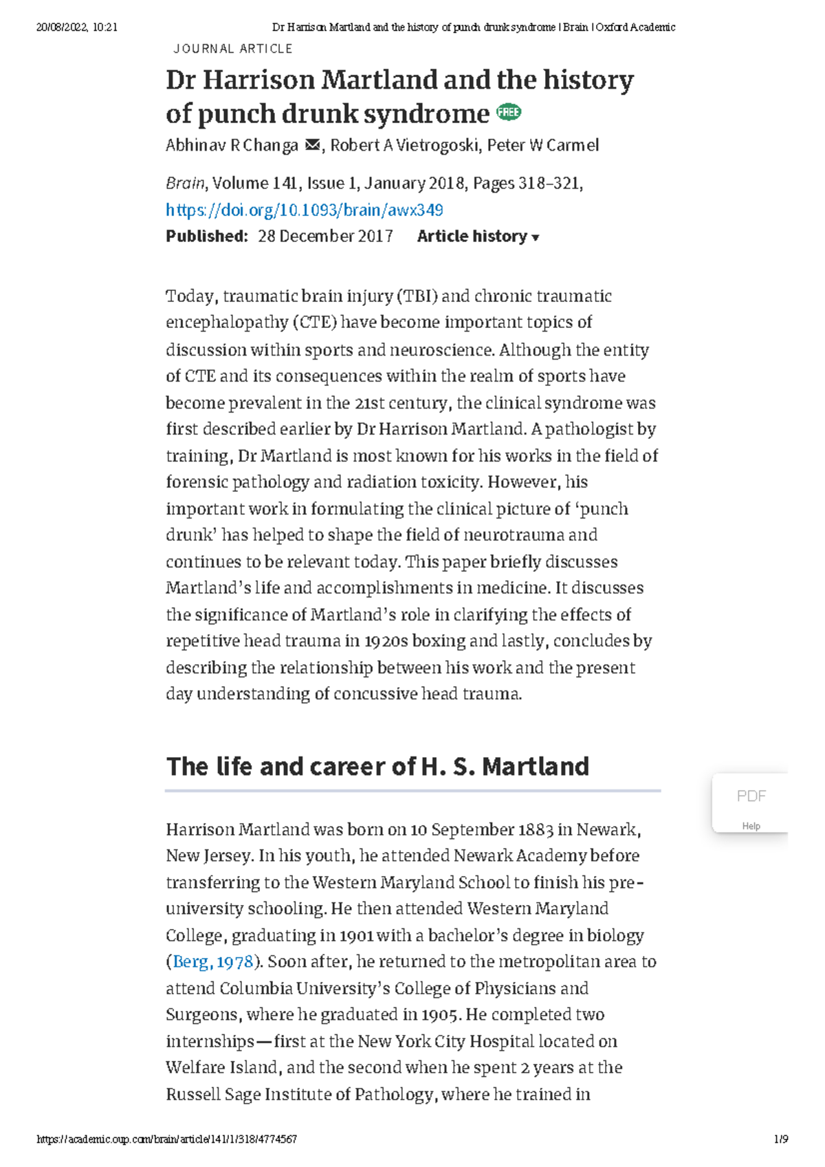 Dr Harrison Martland and the history of punch drunk syndrome Brain