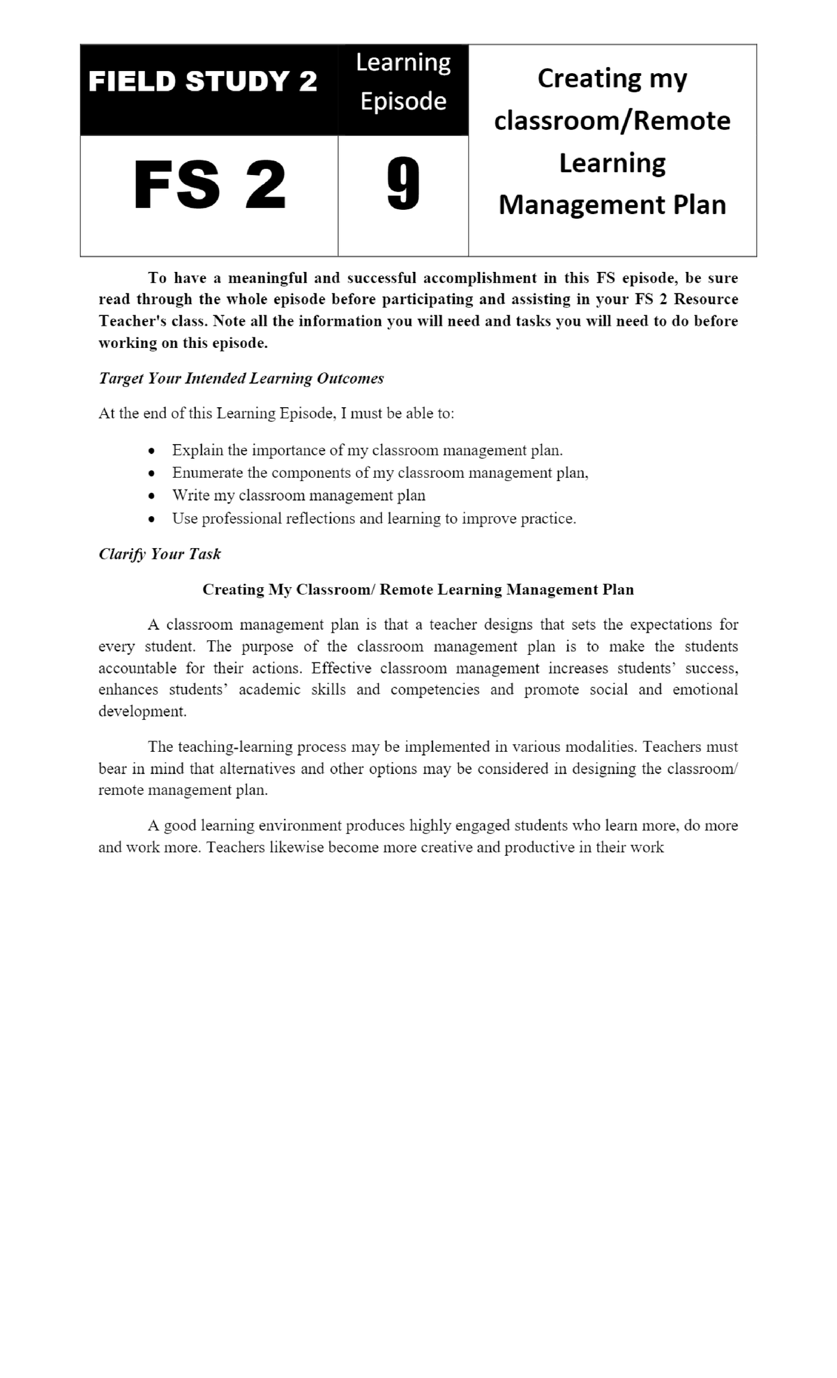 EDUCATION FS2 LEARNING EPISODE 9 - BS-Social Work - Studocu