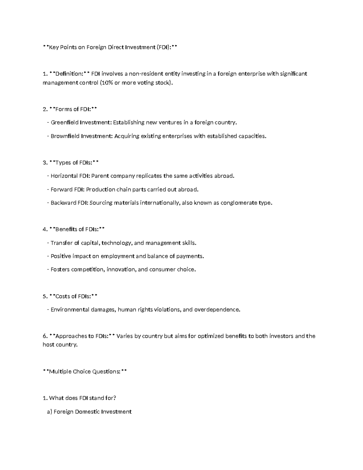 Key Points on Foreign Direct Investment (FDI) test bank - Key Points on ...