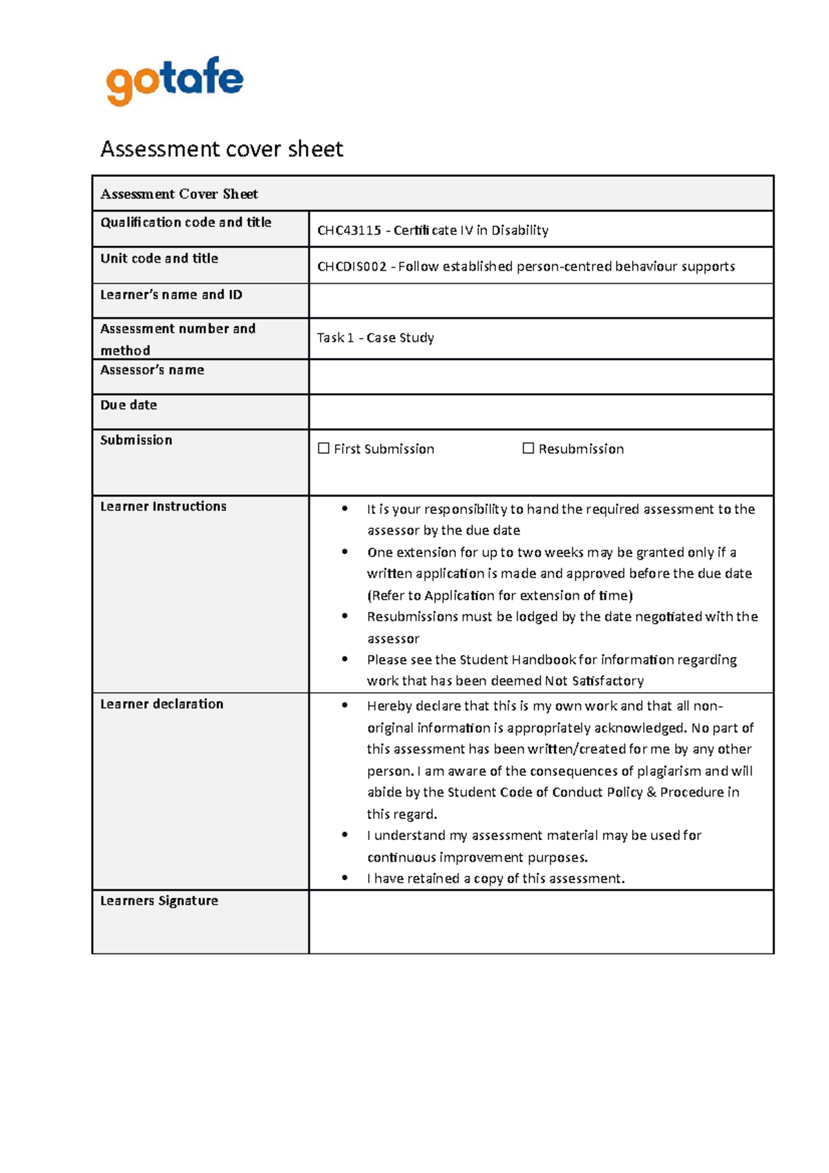 Chcdis 002- AT1L- 2022 - V1 - Assessment Cover Sheet Assessment Cover ...