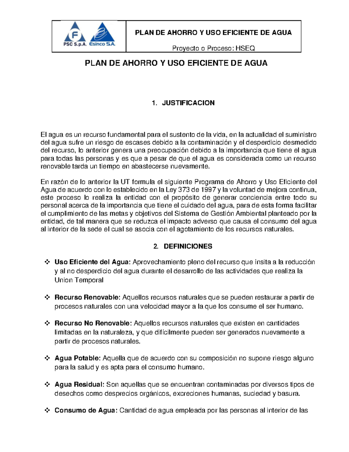 PLAN DE Ahorro Y USO Eficiente DEL AGUA V00 - Proyecto o Proceso: HSEQ ...