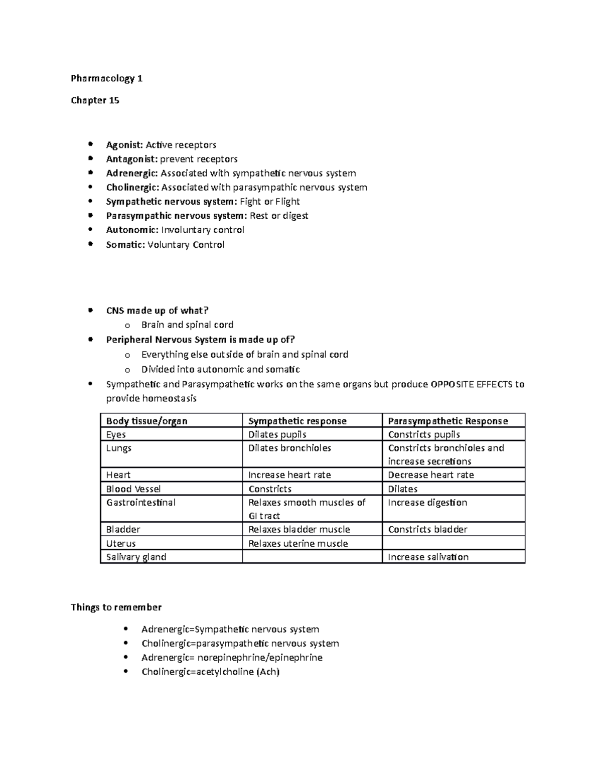 Chapter 15 self notes - Pharmacology 1 Chapter 15 Agonist: Active ...