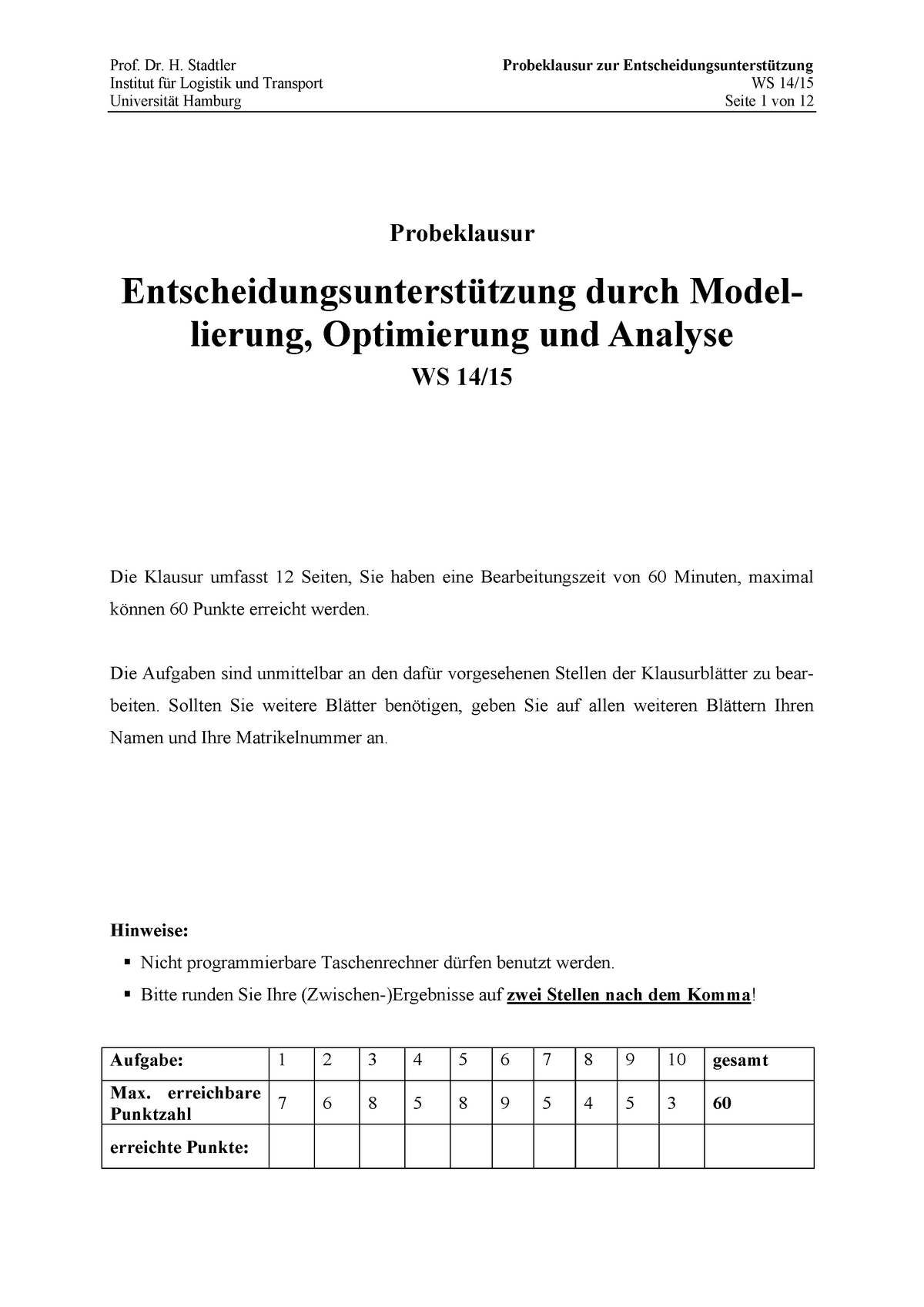 Probeklausur EU WS1415 - Probeklausur Zur Entscheidungsunterstützung WS ...