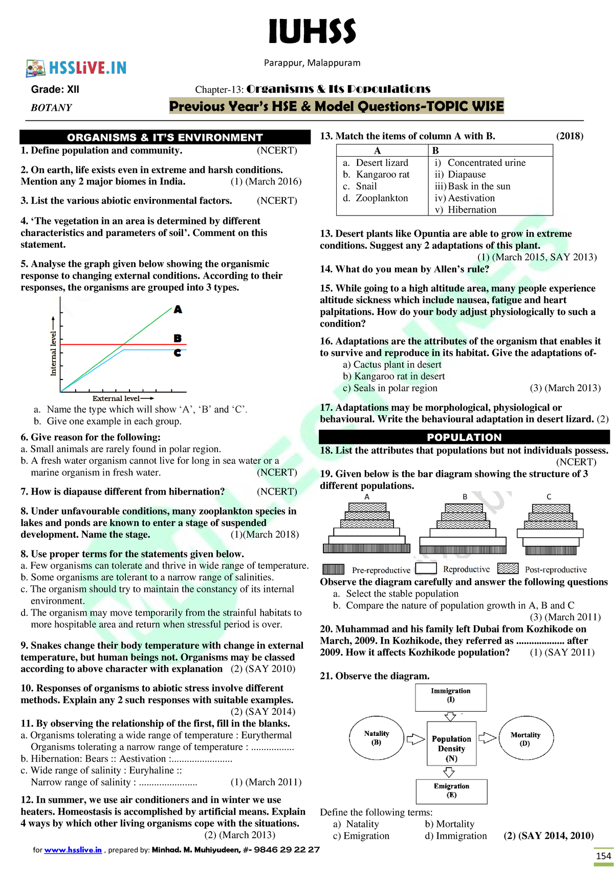 Hsslive13B Organisms n Ppltns, Previous yr HSE n Model questions
