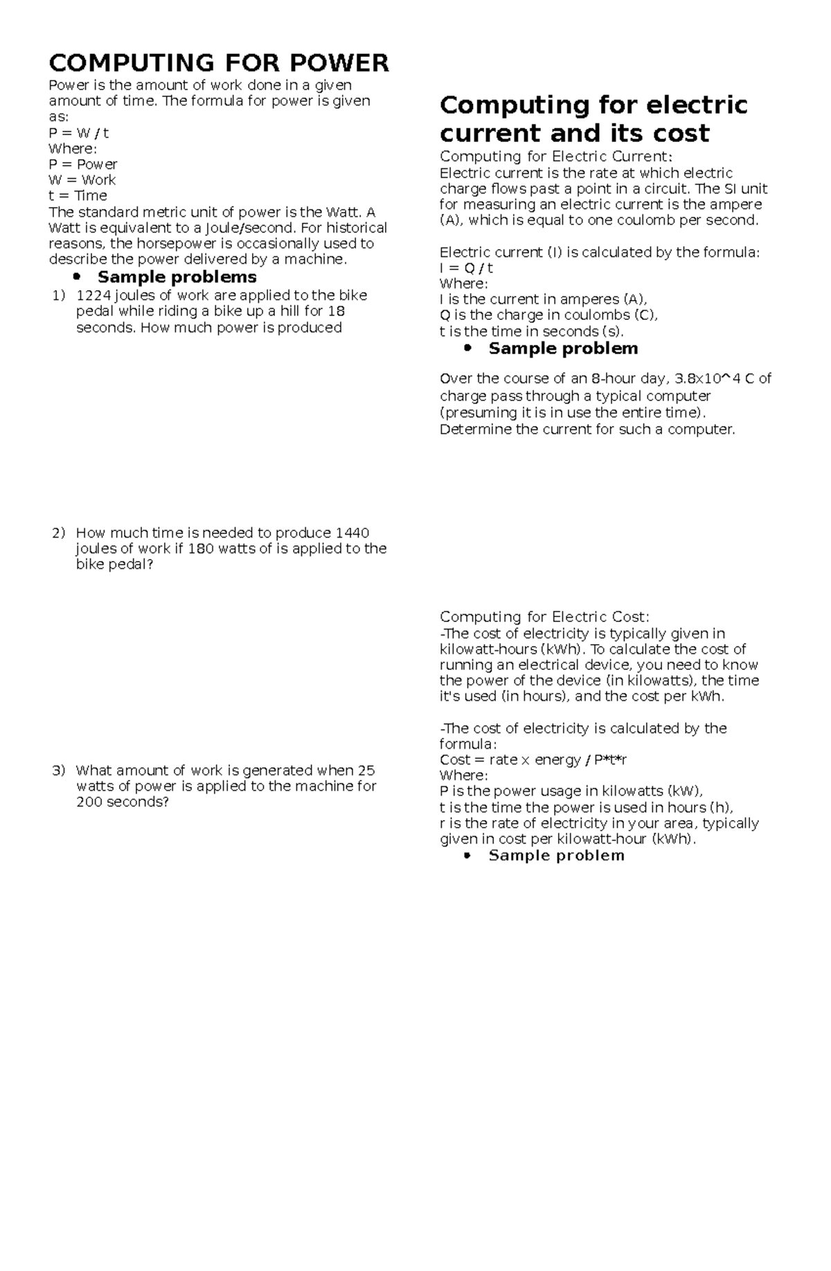 Computing for power and computing for electric current and its cost ...