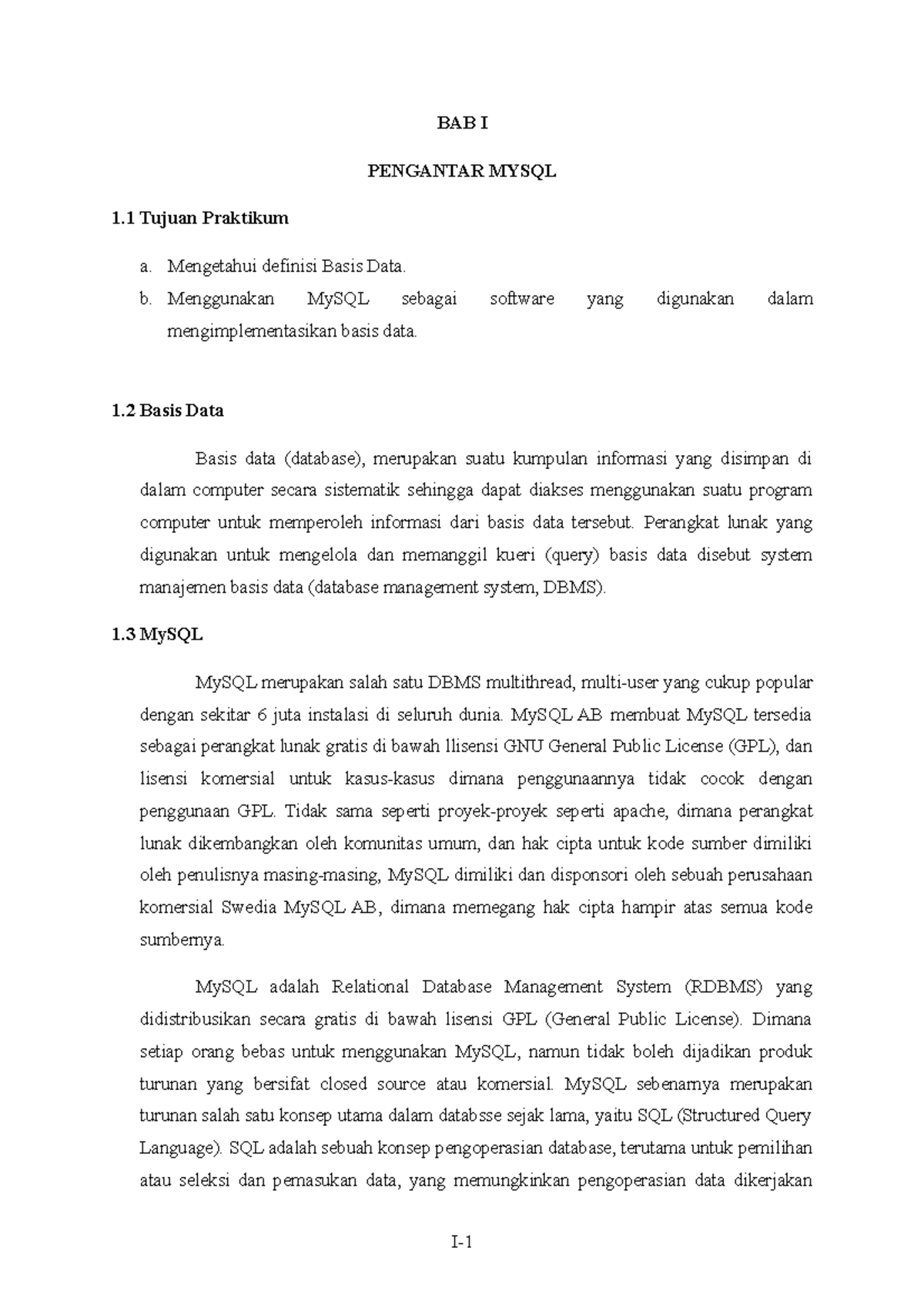 Pengantar MySQL - BAB I PENGANTAR MYSQL 1 Tujuan Praktikum A ...