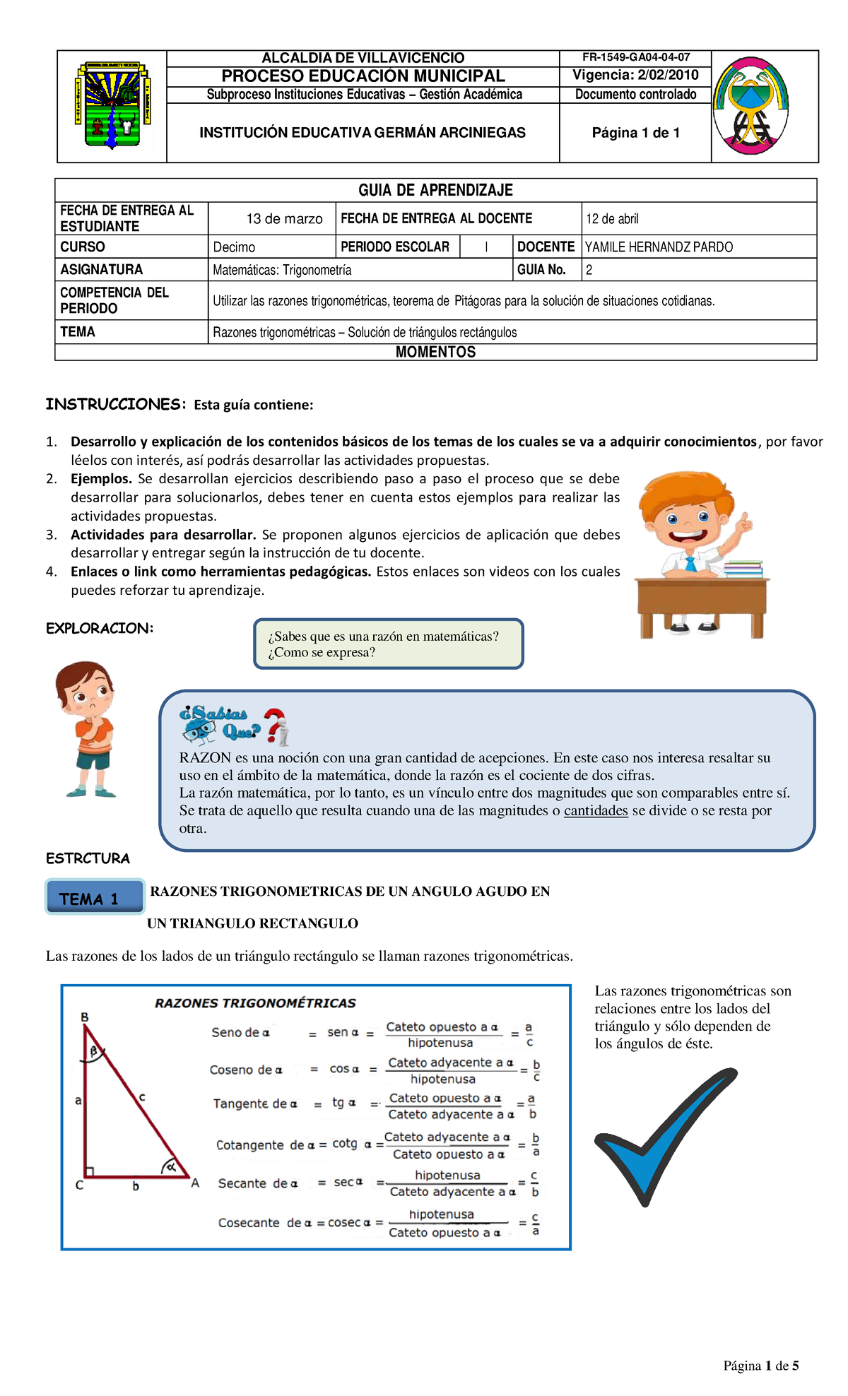 GUIA 2 Grado Decimo. Razones Trigonometricas Y Solucion De Triangulos ...