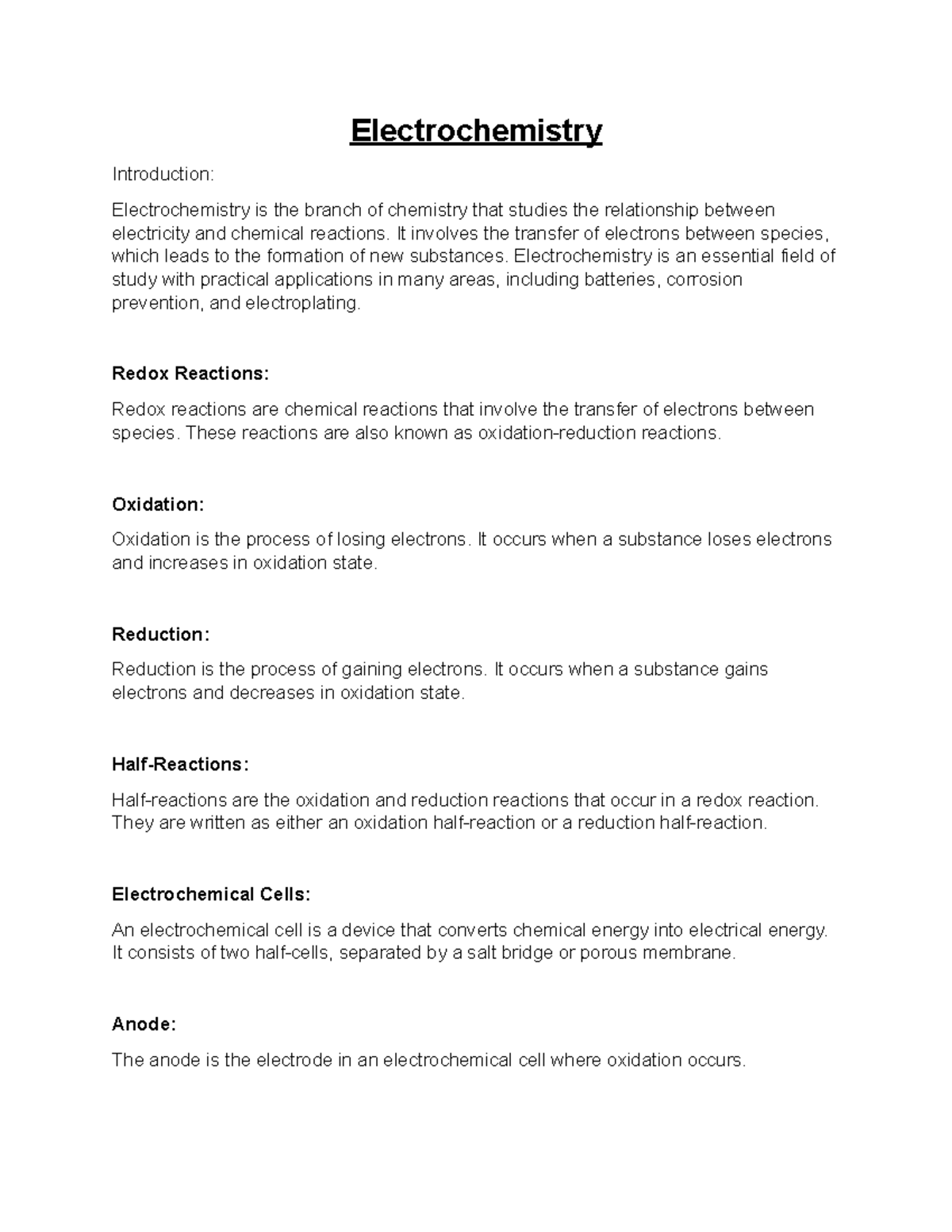 Electrochemistry - Electrochemistry Introduction: Electrochemistry is ...