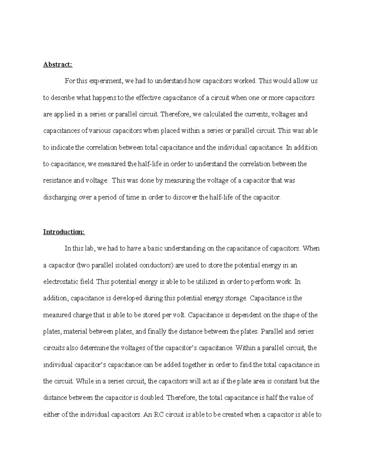 Capacitors Lab Report COPY Abstract For this experiment, we had to