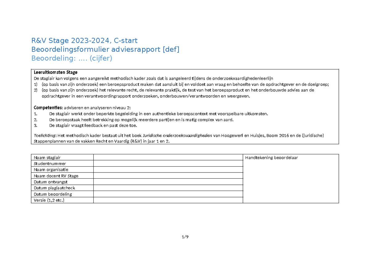 RV Stage 23-24 C-start Beoordelingsformulier Adviesrapport Def-3 - R&V ...