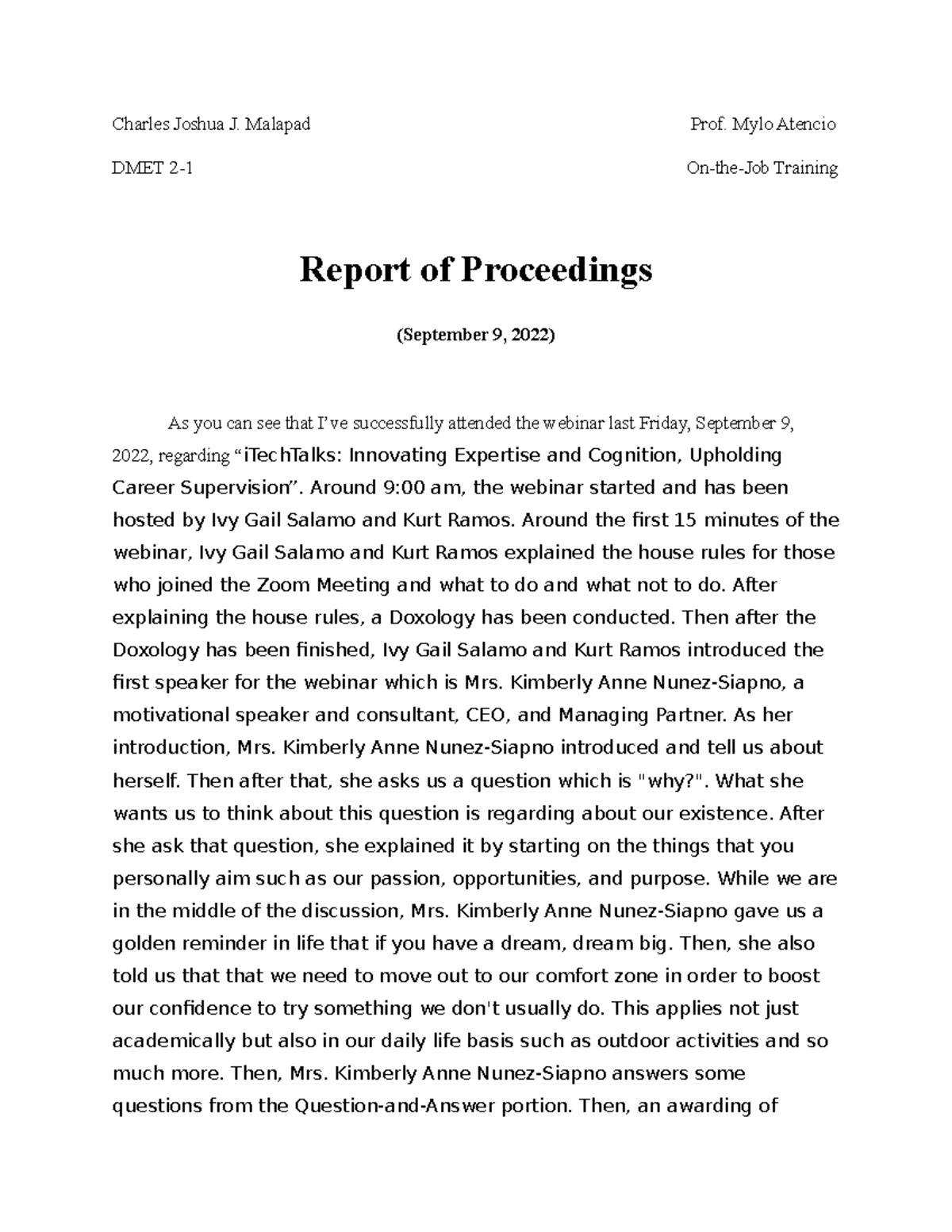 Report of Proceedings September 9 2022 - Charles Joshua J. Malapad Prof ...