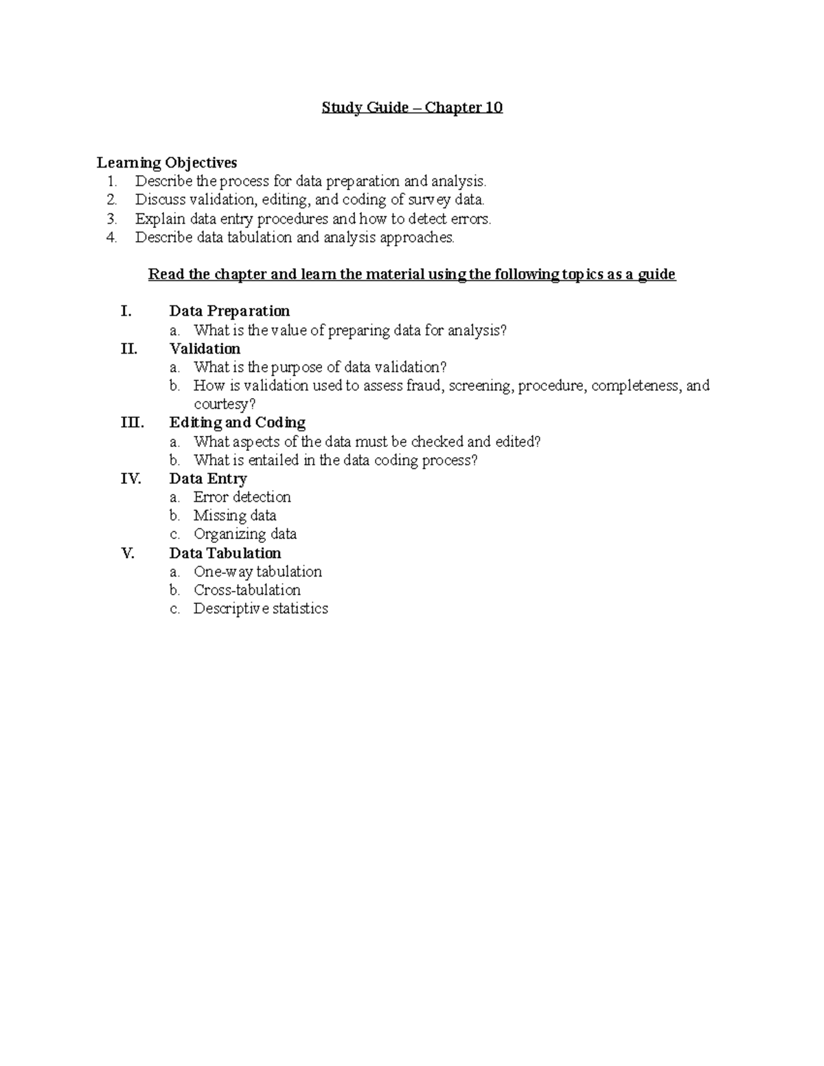 Chapter 10 Study Guide Study Guide Chapter 10 Learning Objectives 1