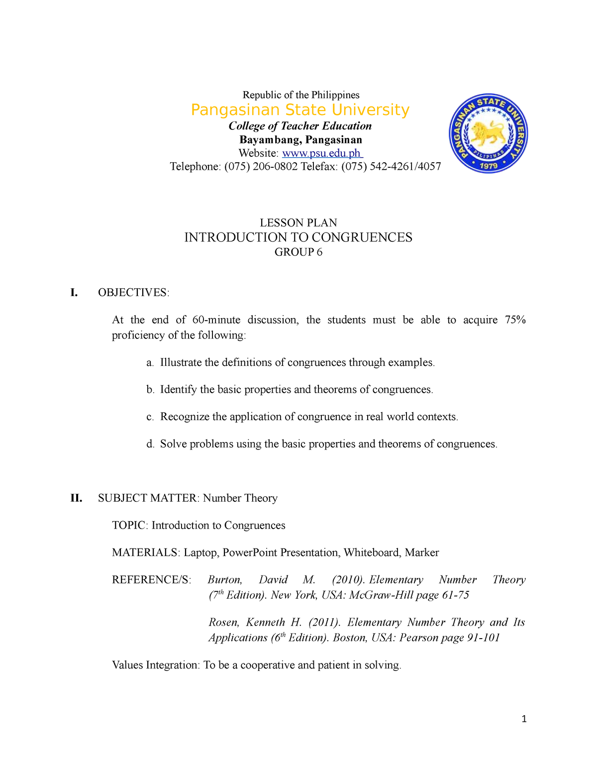 Group 6 - Semi-detailed Lesson Plan on Introduction to Congruences ...