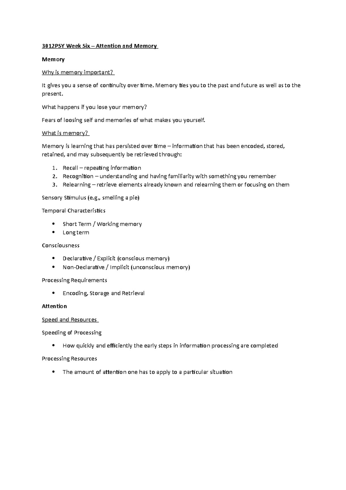 3012PSY Week 6 - Lecture notes - 3012PSY Week Six – Attention and ...