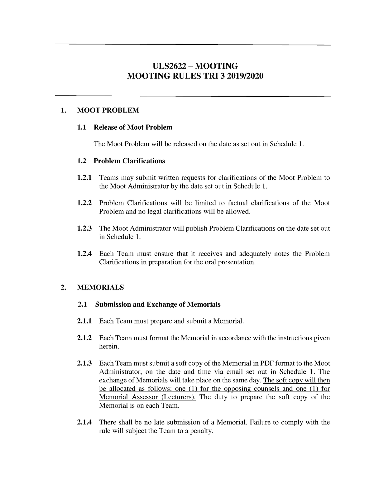 ULS 2622 Mooting Rules Tri 3 2019 2020 - ULS2622 – MOOTING MOOTING ...