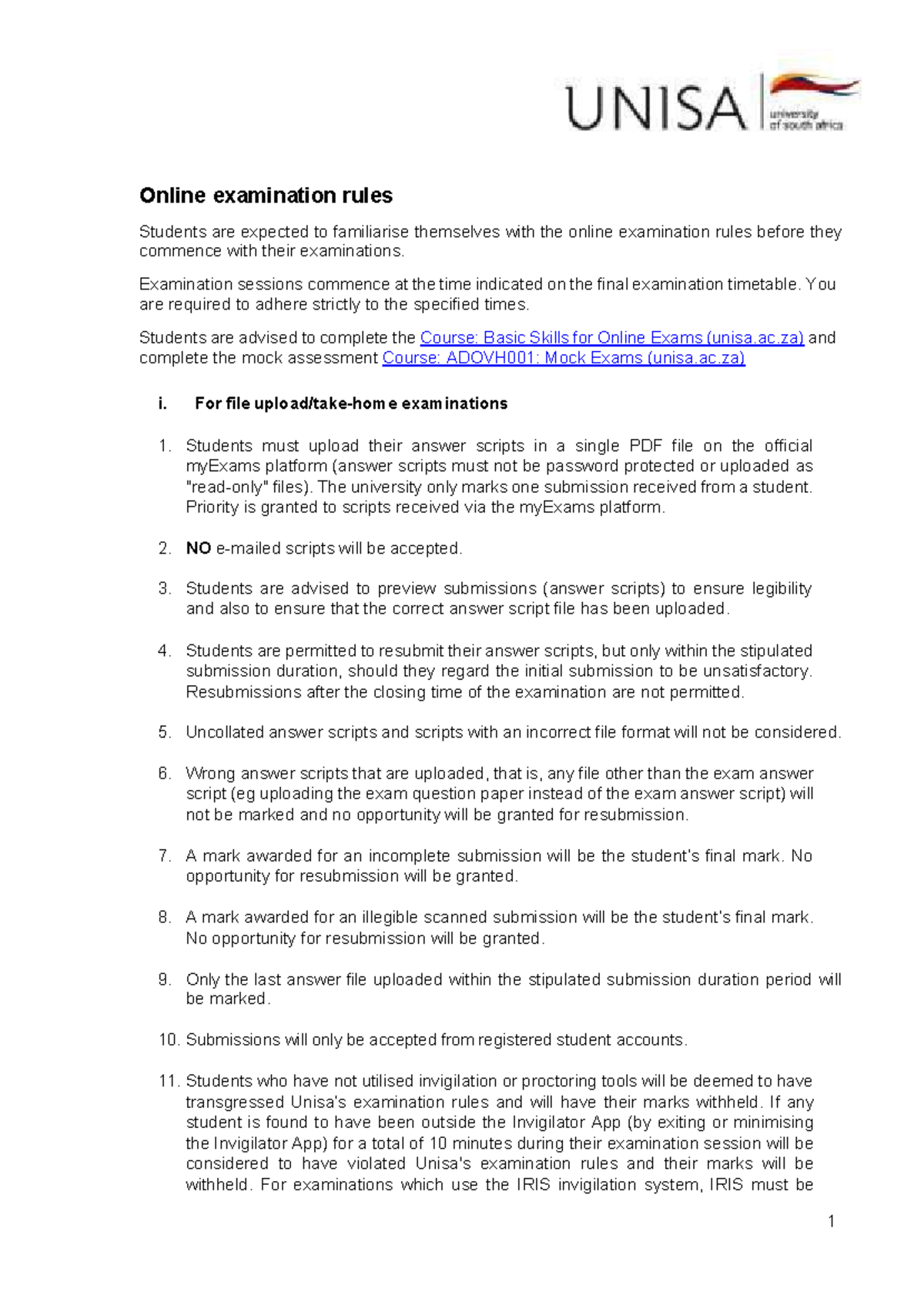 Online examination rules - Examination sessions commence at the time ...