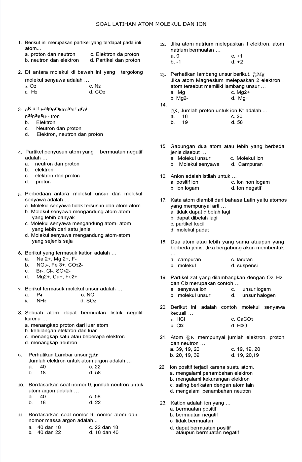 Pdf Kumpulan Soal Kimia Kelas 9 - SOAL LATIHAN ATOM MOLEKUL DAN ION 1 ...