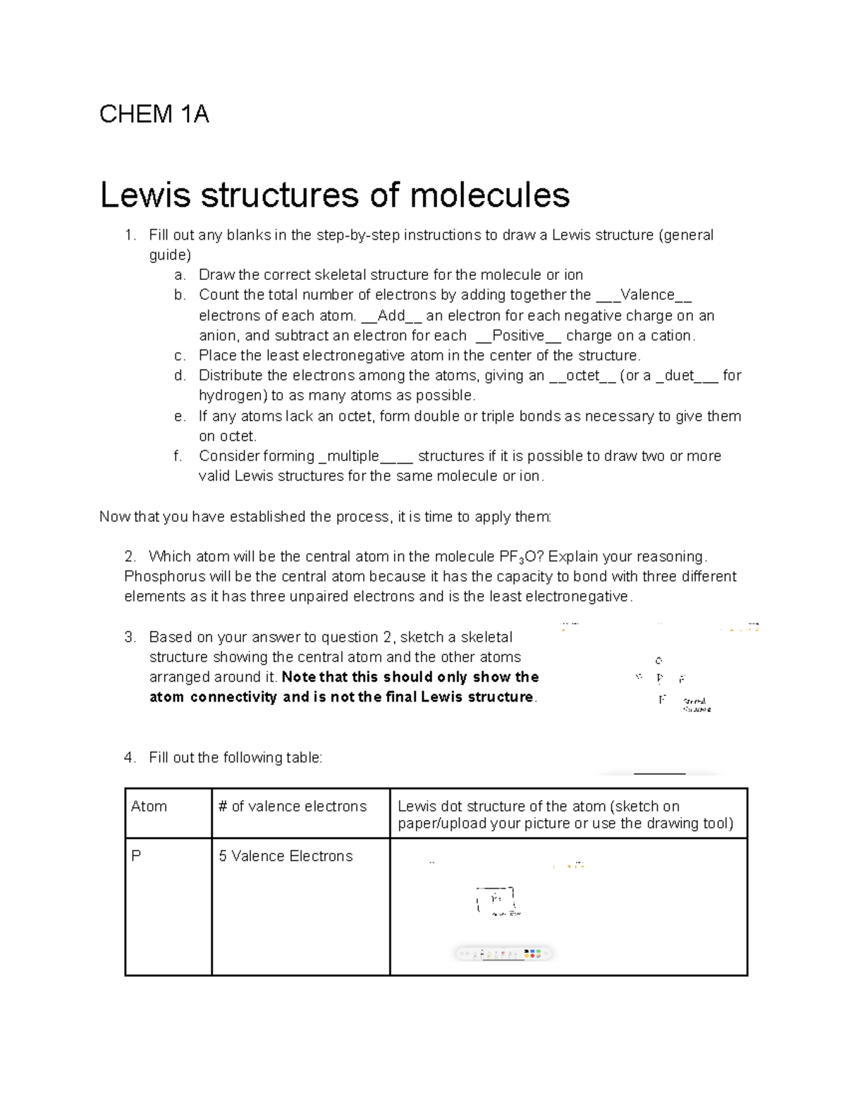 Notes 6 Lewis Structures - CHEM 1A Lewis Structures Of Molecules Fill ...