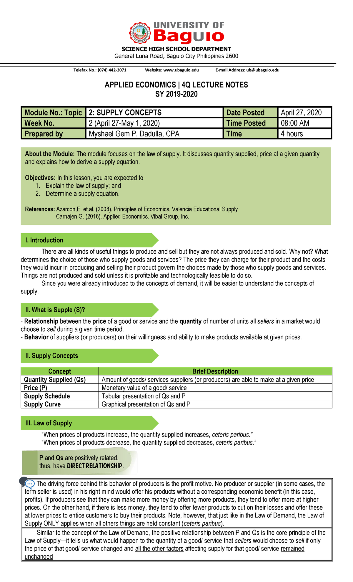 Module 2-Supply - Supply notes - SCIENCE HIGH SCHOOL DEPARTMENT General ...