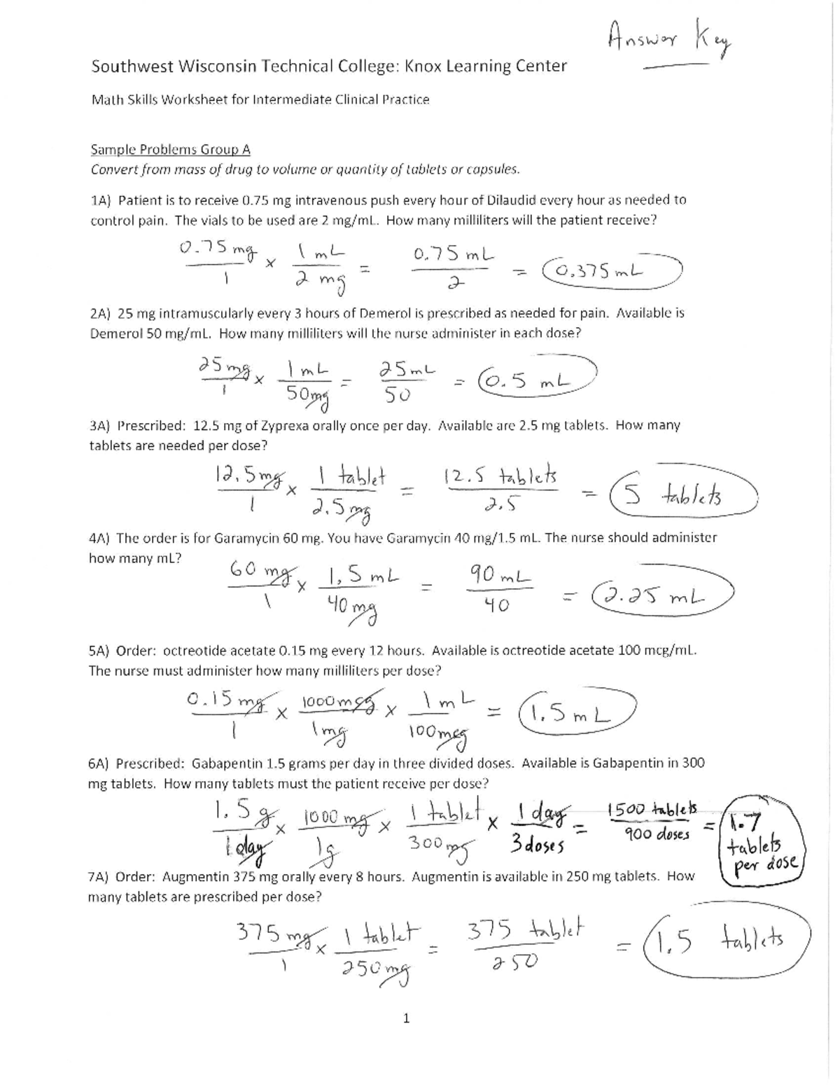 Intermediate Clinical Practice Math Skills Worksheet Knox Learning ...