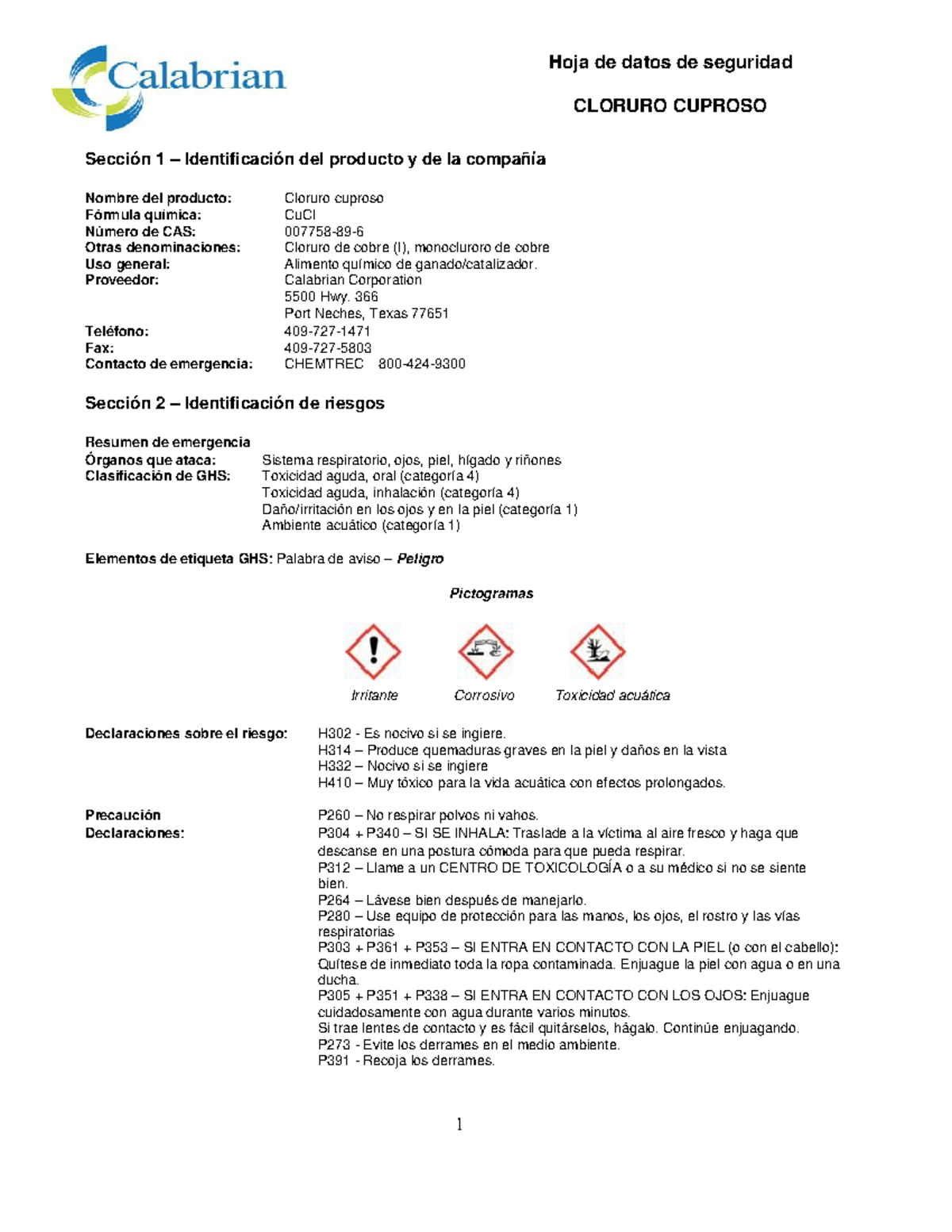 Cuprous chloride safety data sheet spa CLORURO CUPROSO Sección 1