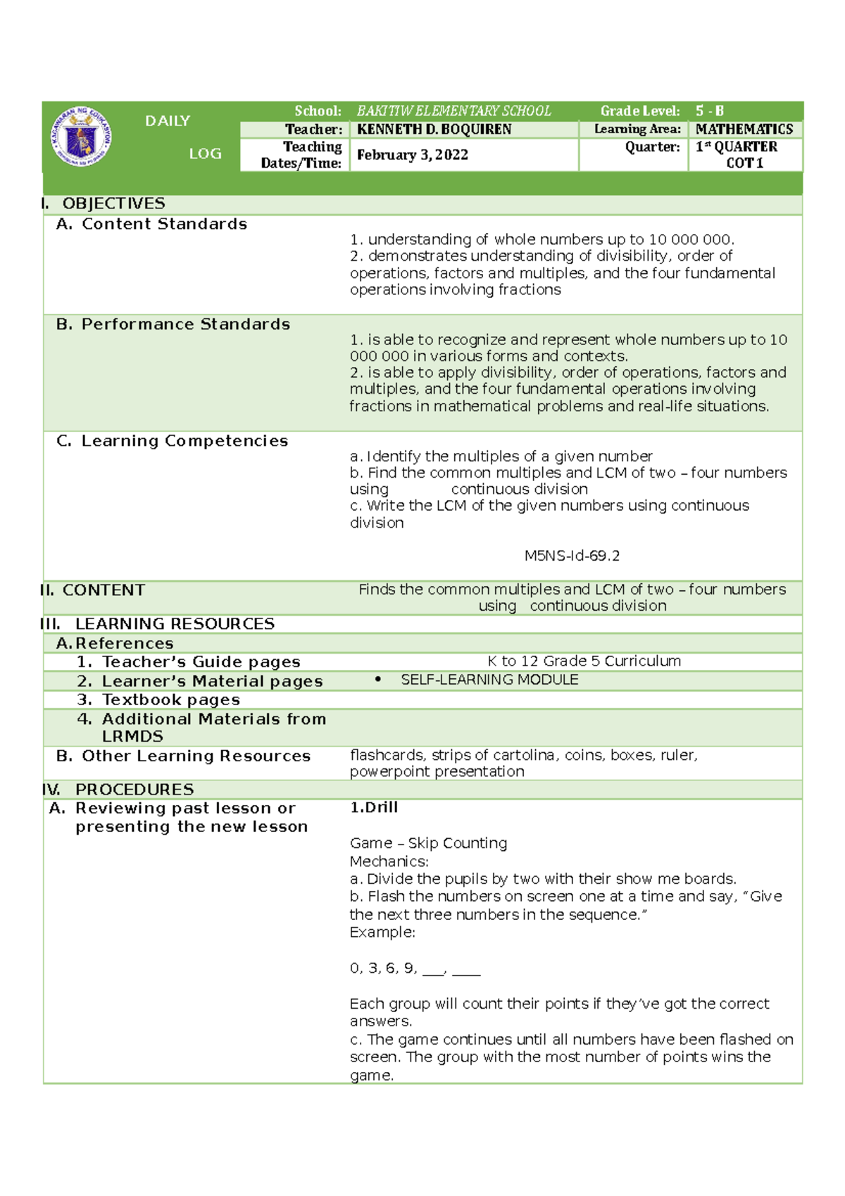 Math COT 1 DLP - math - DAILY LESSON LOG School: BAKITIW ELEMENTARY ...
