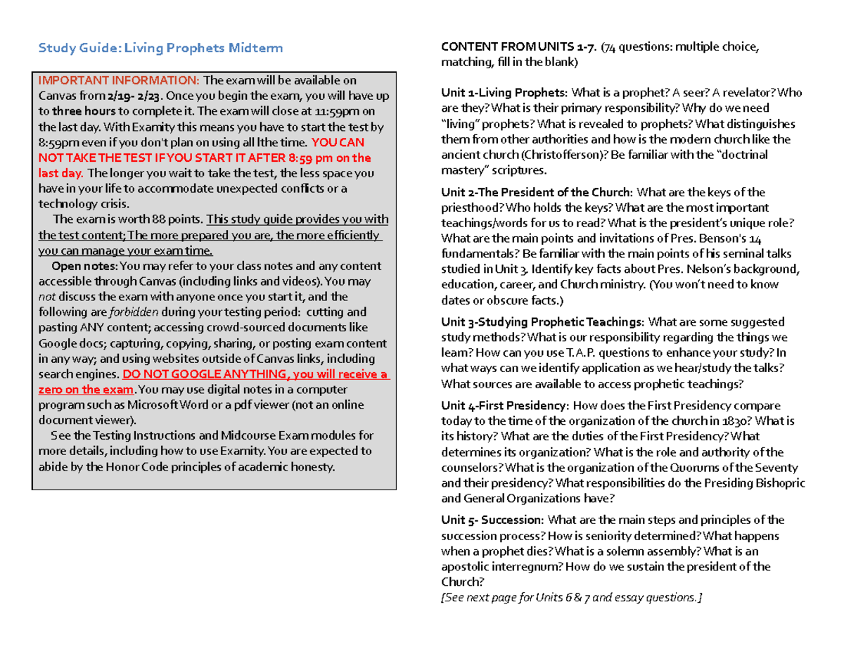 Midterm Exam Study Guide Winter 22 (1) - Study Guide: Living Prophets ...