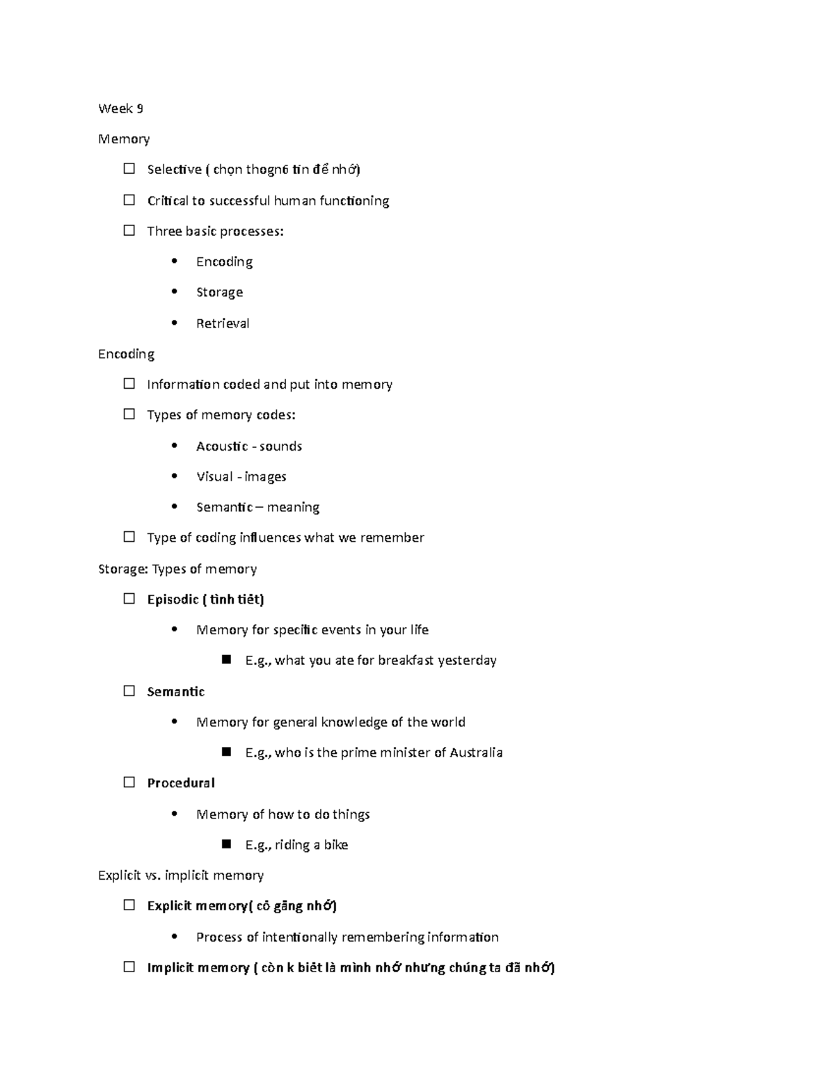 Week 9 Note - week 9 lecture note - Week 9 Memory Selective ( ch n ...